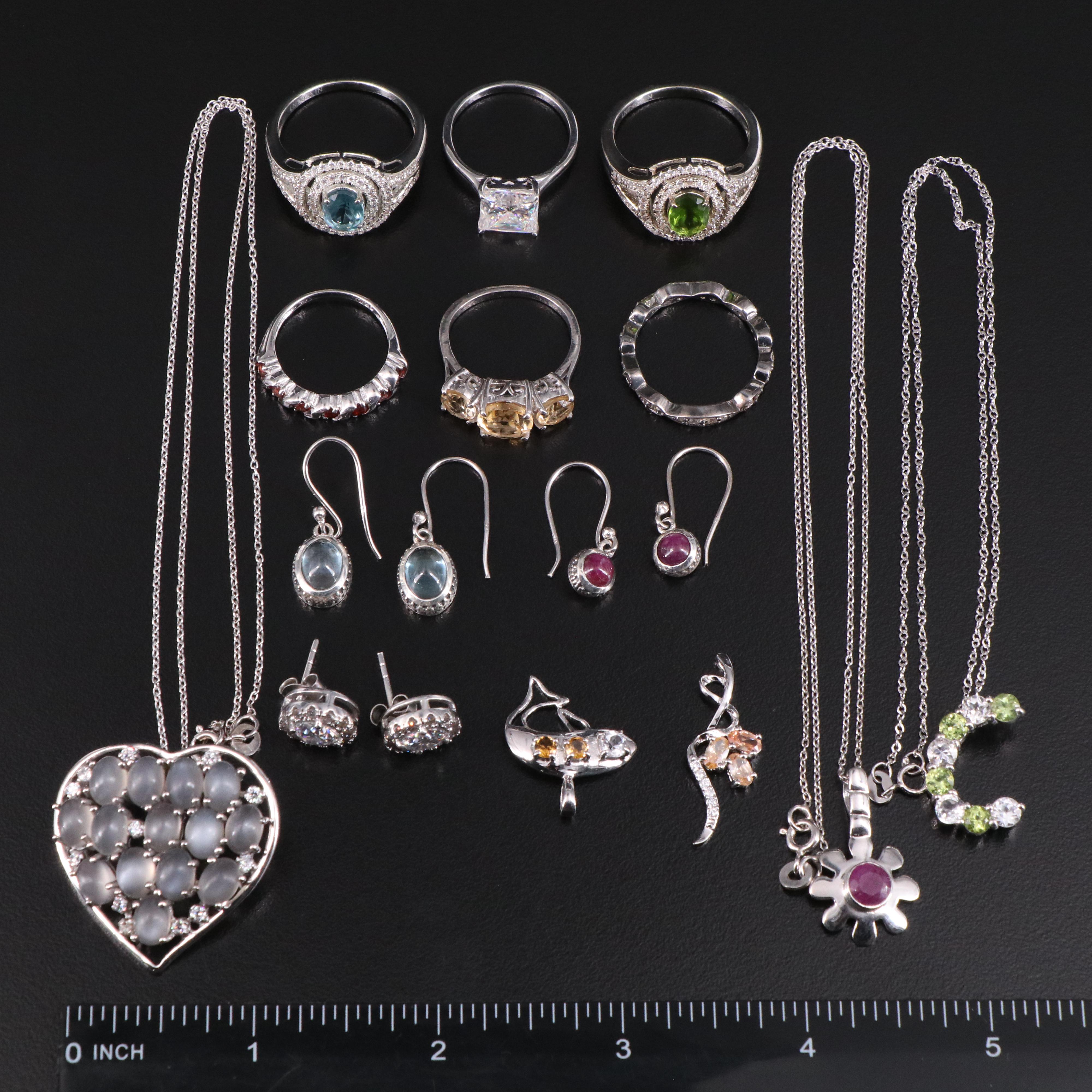 14 Assorted Sterling Silver Rings, Necklaces, Earrings, and Pendants