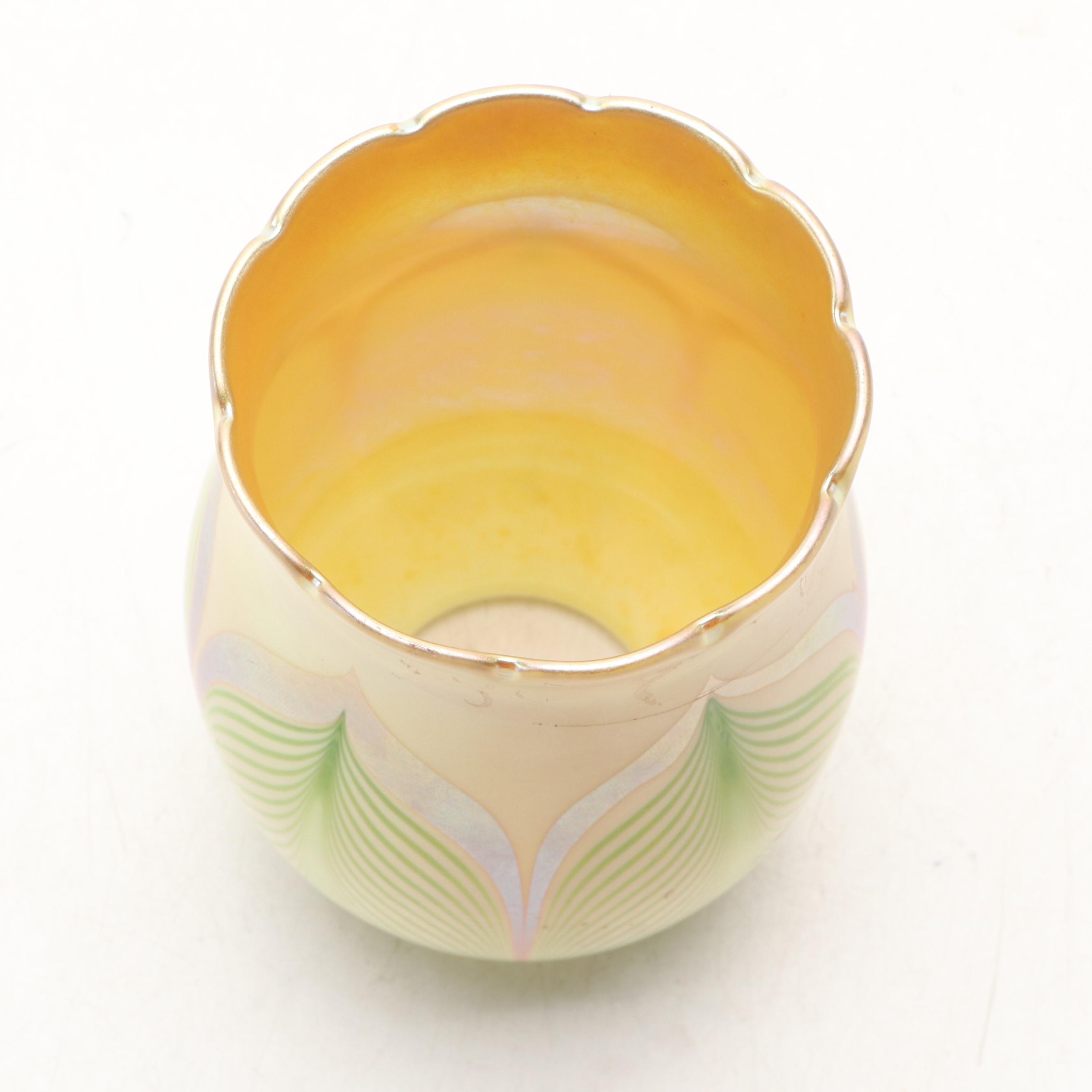 Quezal Style Iridecent Gold Glass with Feather Pull Lamp Shade