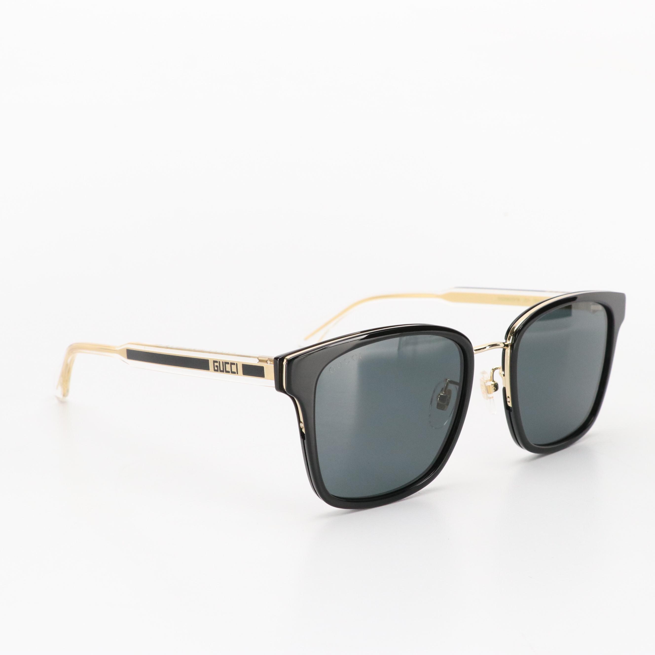 Gucci GG0563SKN 001 Black/Crystal/Grey Square Sunglasses in Case