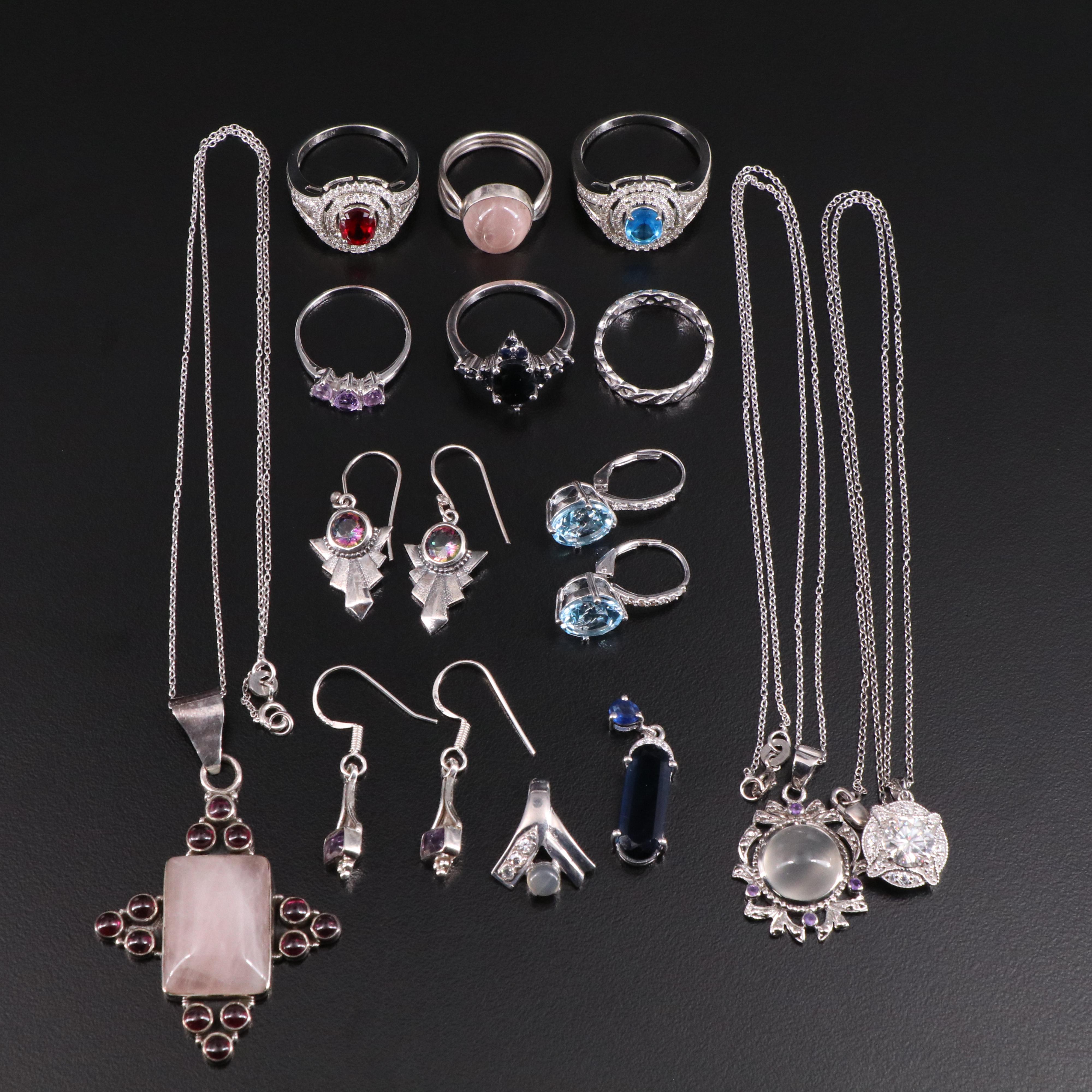 14 Assorted Sterling Silver Rings, Necklaces, Earrings, and Pendants