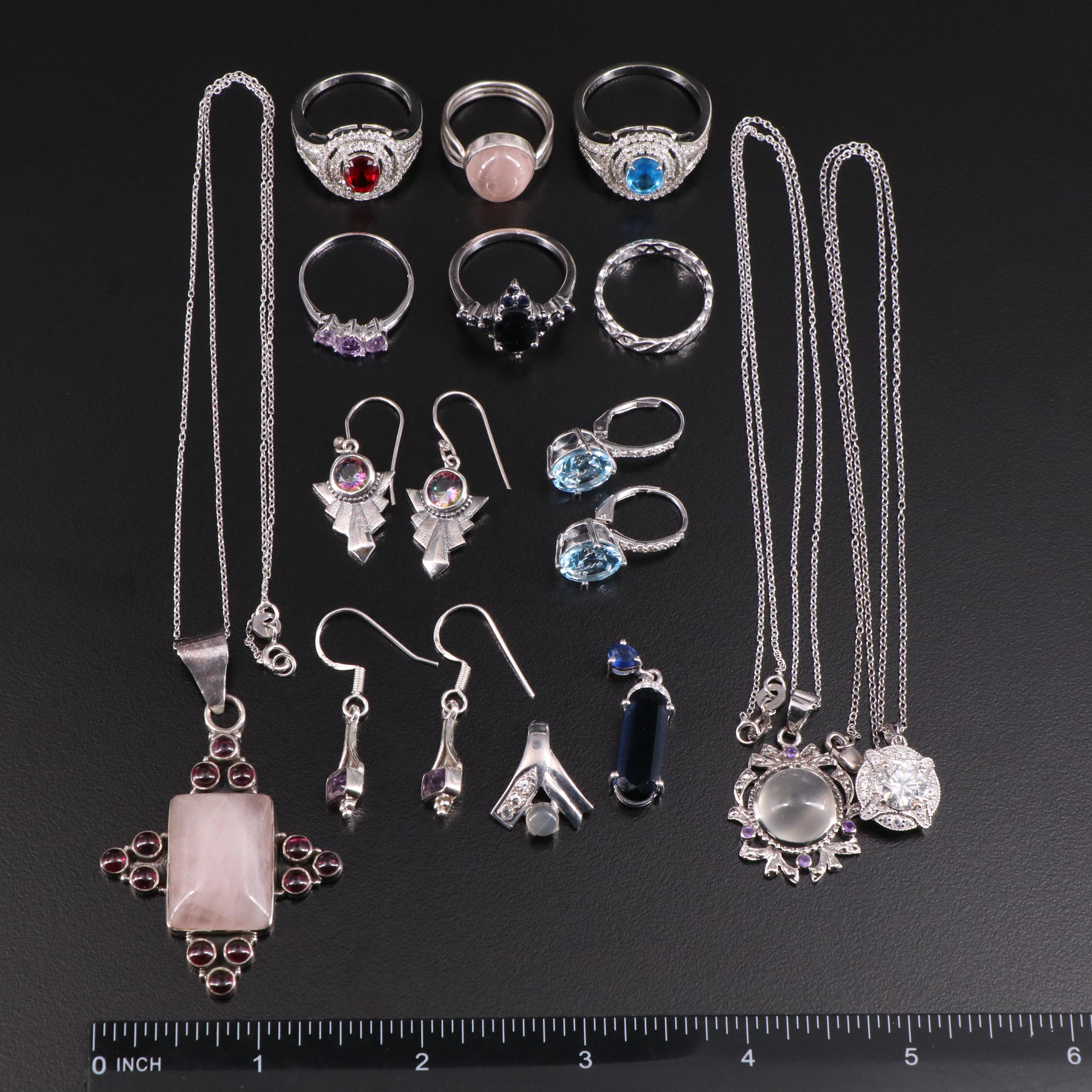 14 Assorted Sterling Silver Rings, Necklaces, Earrings, and Pendants
