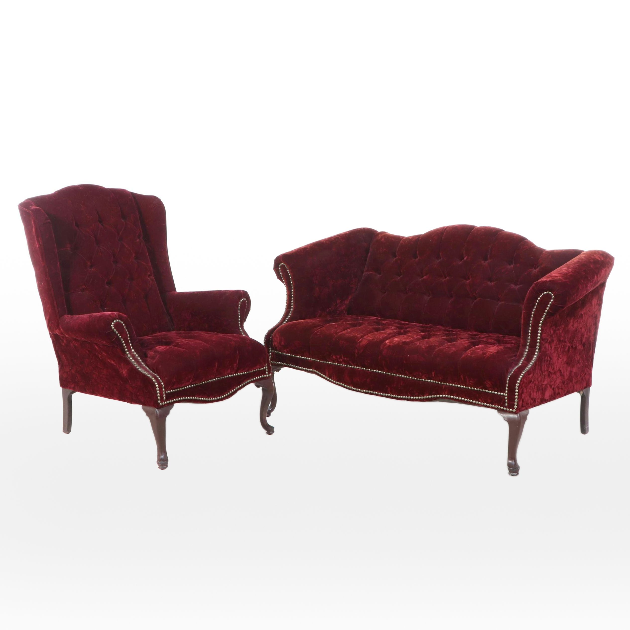 Gillespie Furniture Mfg. Queen Anne Style Crushed Velvet Loveseat and Wing Chair
