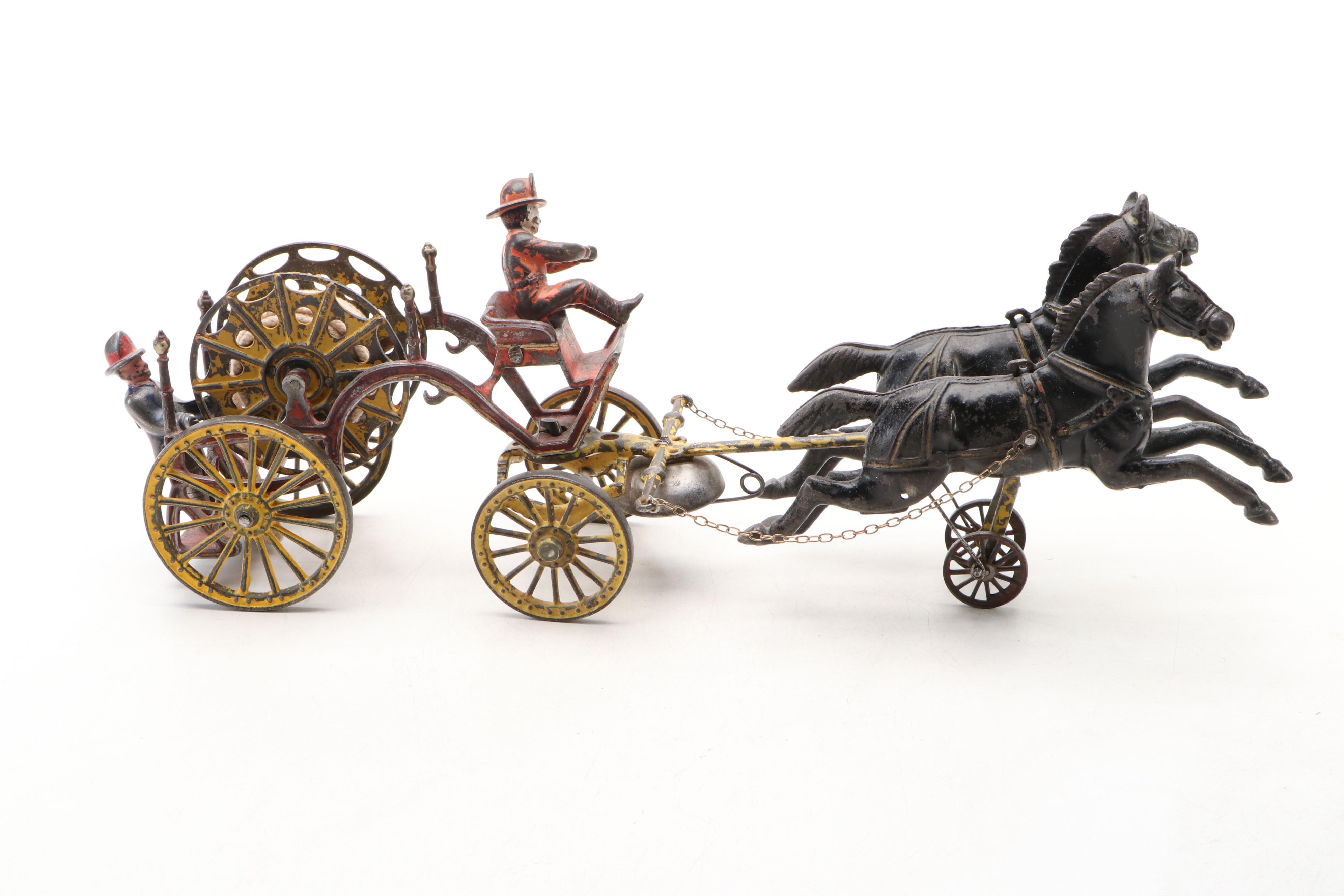Painted Cast Iron Horse and Fire Hose Wagon Toy, Late 19th / Early 20th Century