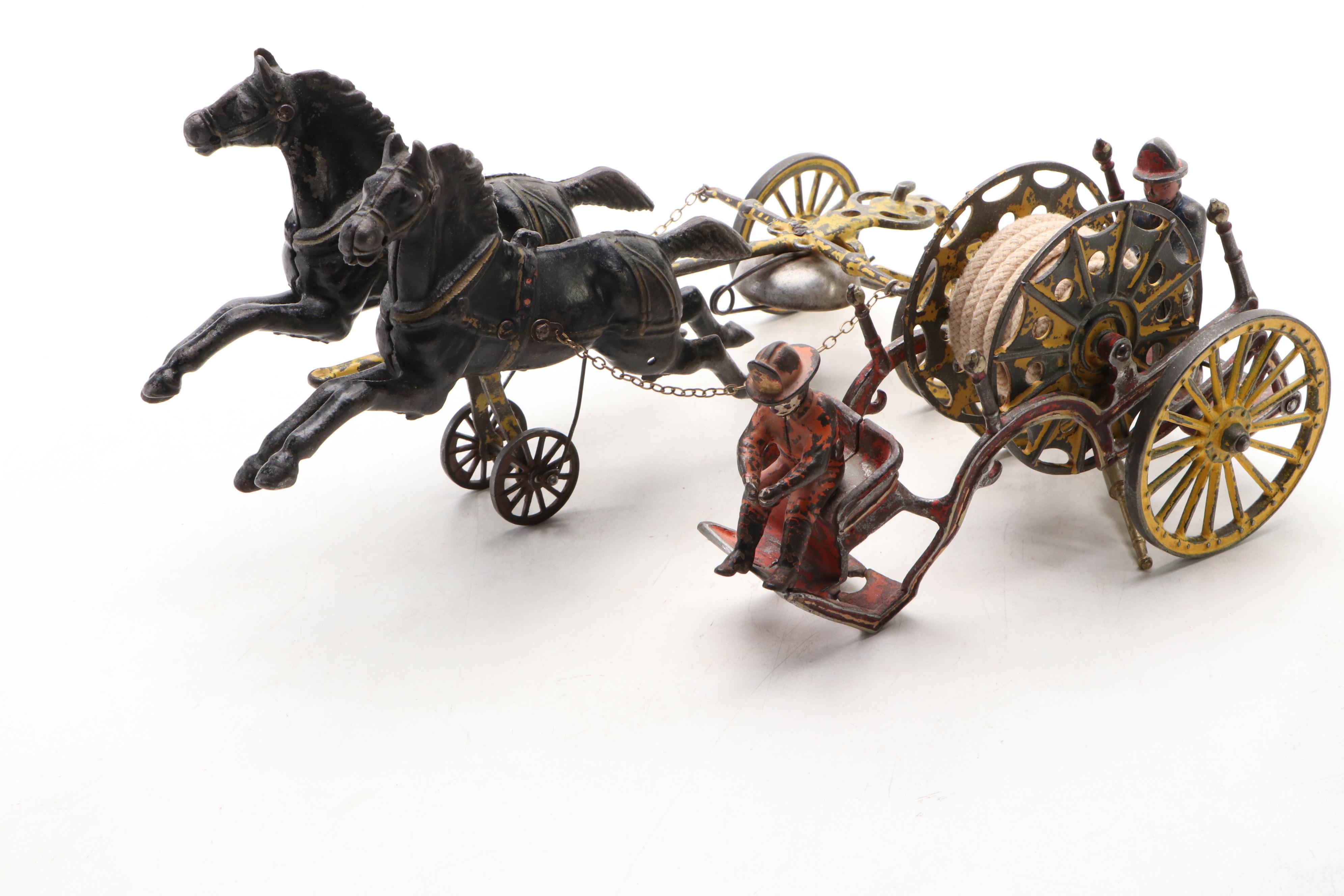 Painted Cast Iron Horse and Fire Hose Wagon Toy, Late 19th / Early 20th Century