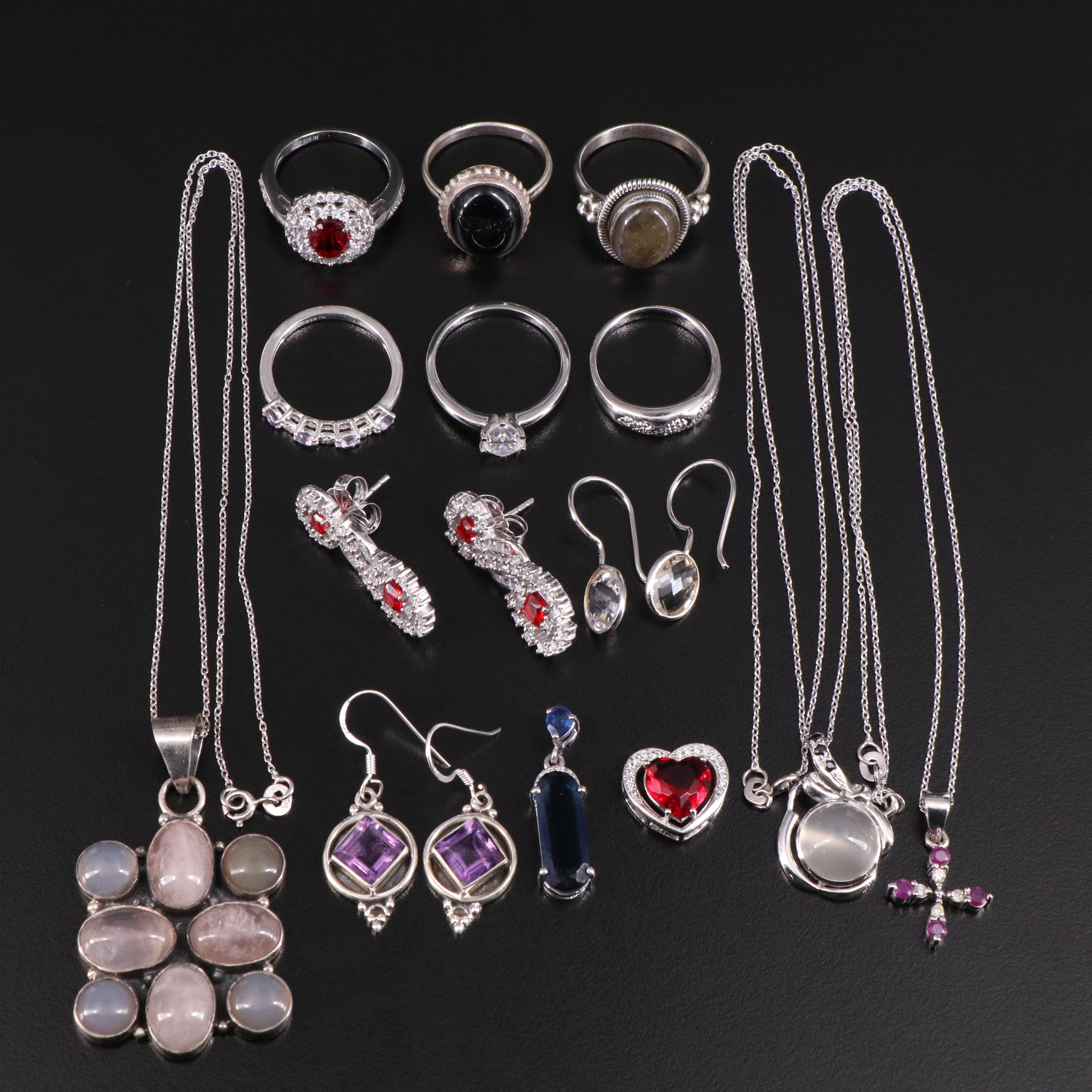 14 Assorted Sterling Silver Rings, Necklaces, Earrings, and Pendants