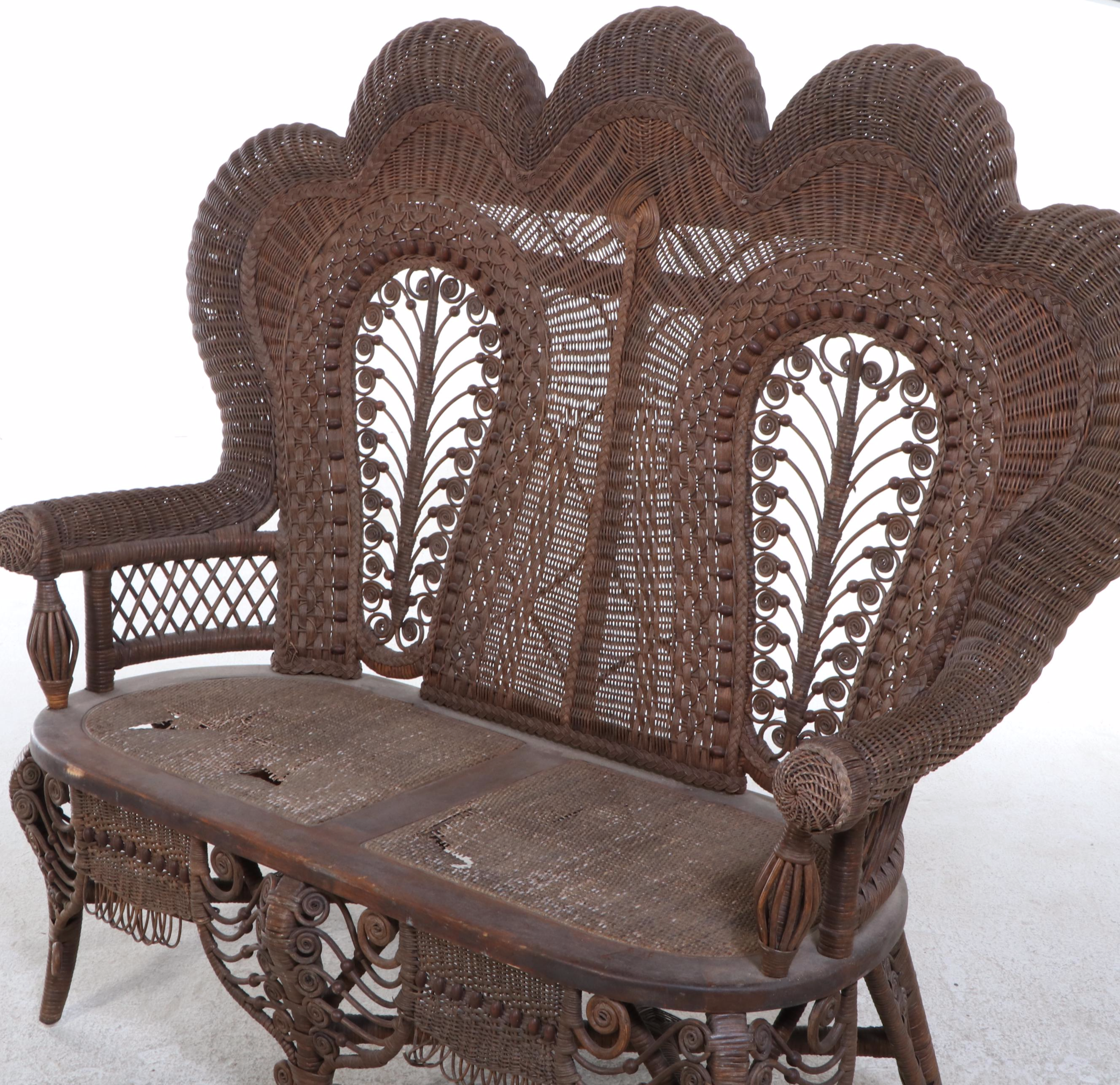 Victorian Style Wicker Rattan Patio Lounge Set, 20th Century