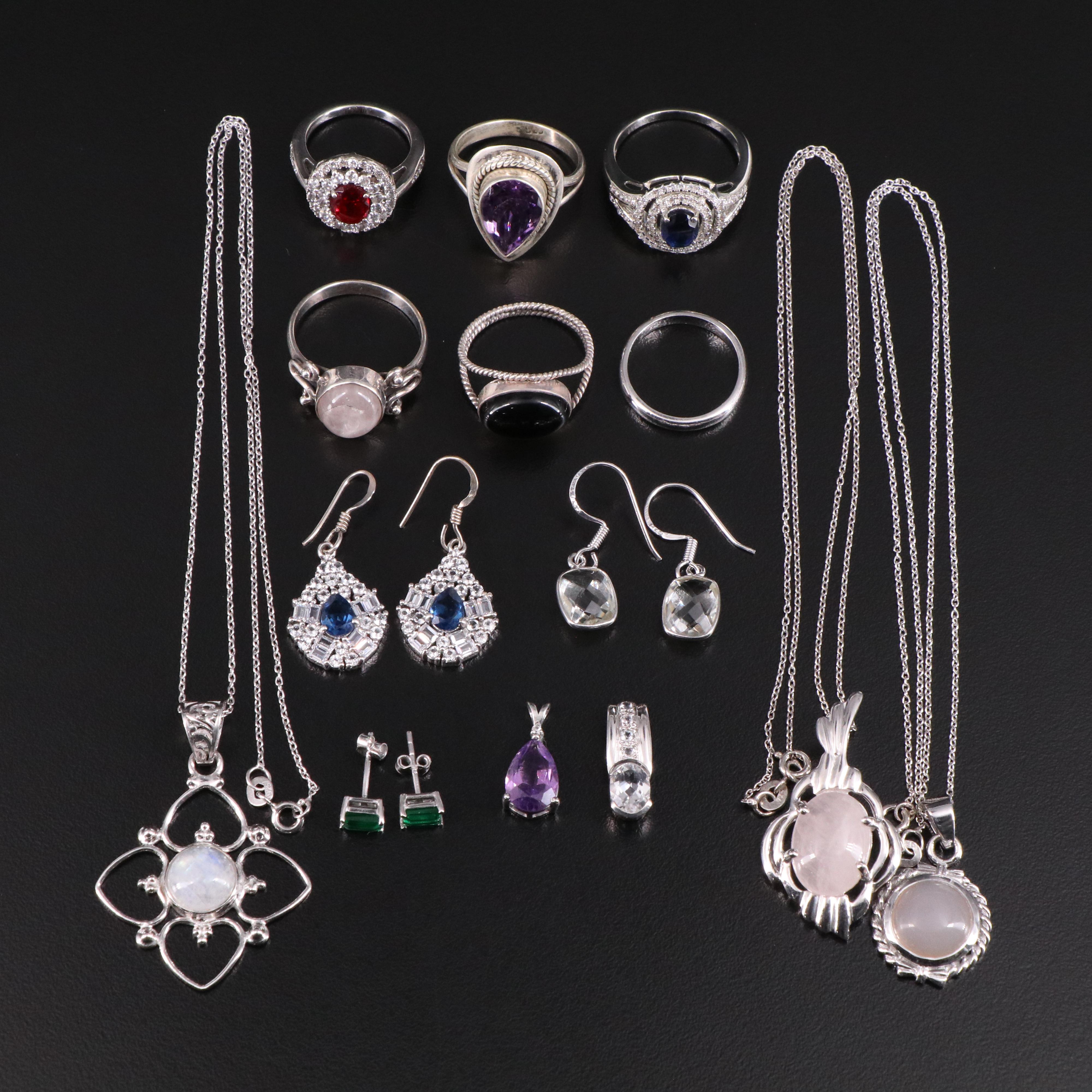 14 Assorted Sterling Silver Rings, Necklaces, Earrings, and Pendants