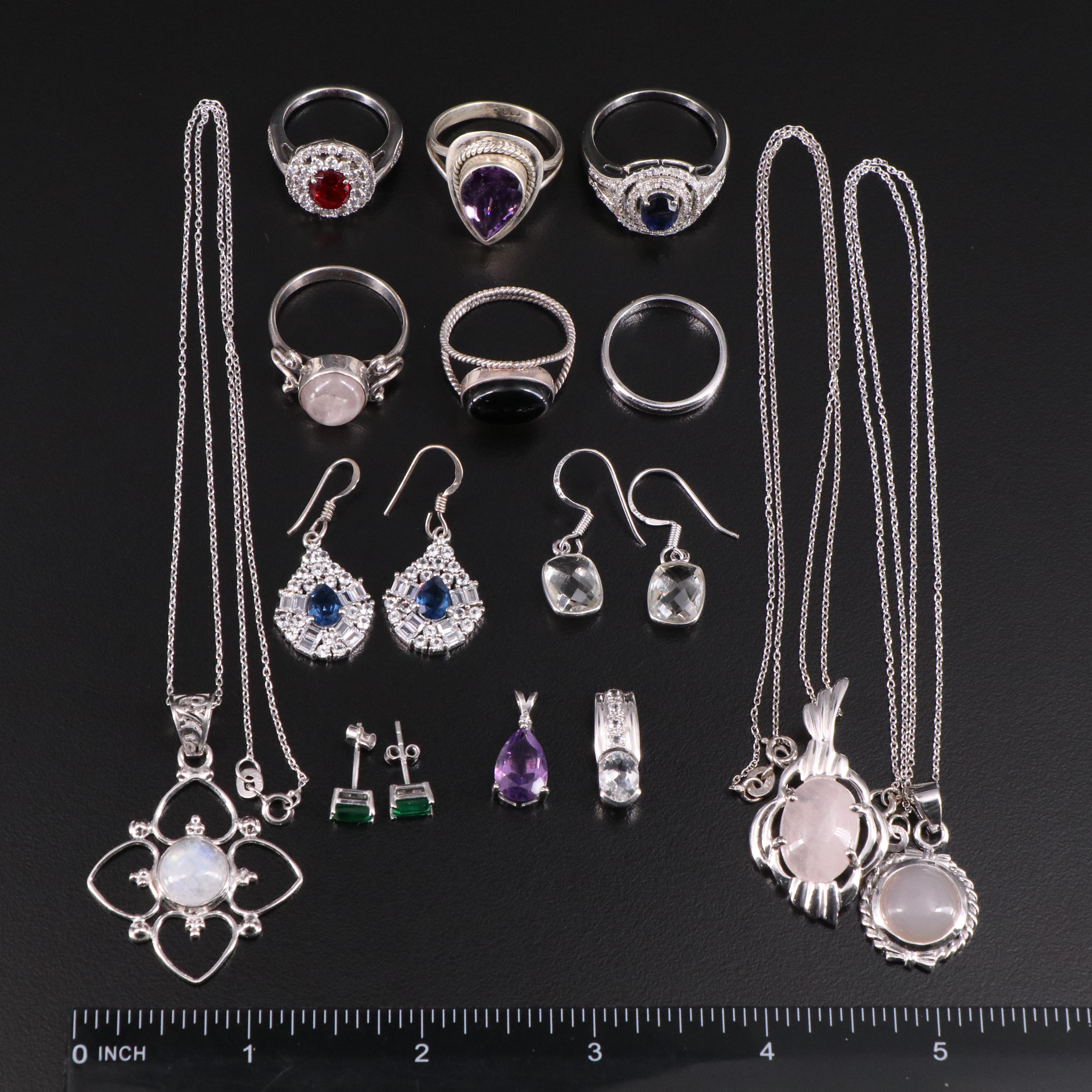 14 Assorted Sterling Silver Rings, Necklaces, Earrings, and Pendants