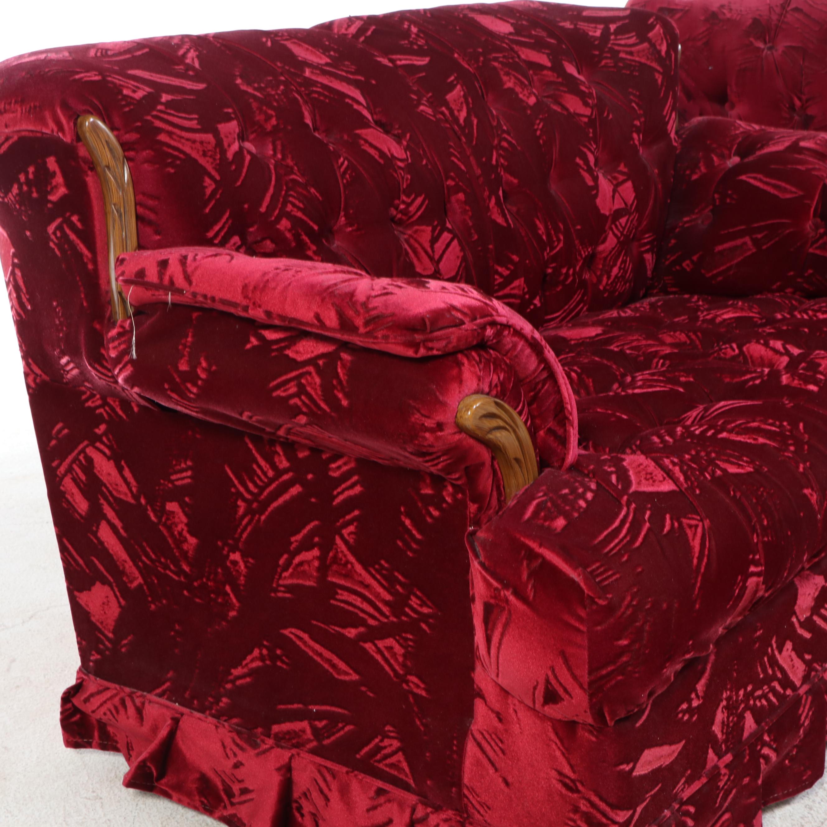 Red Velveteen Upholstered Button-Tufted Sofa and Loveseat, Late 20th Century