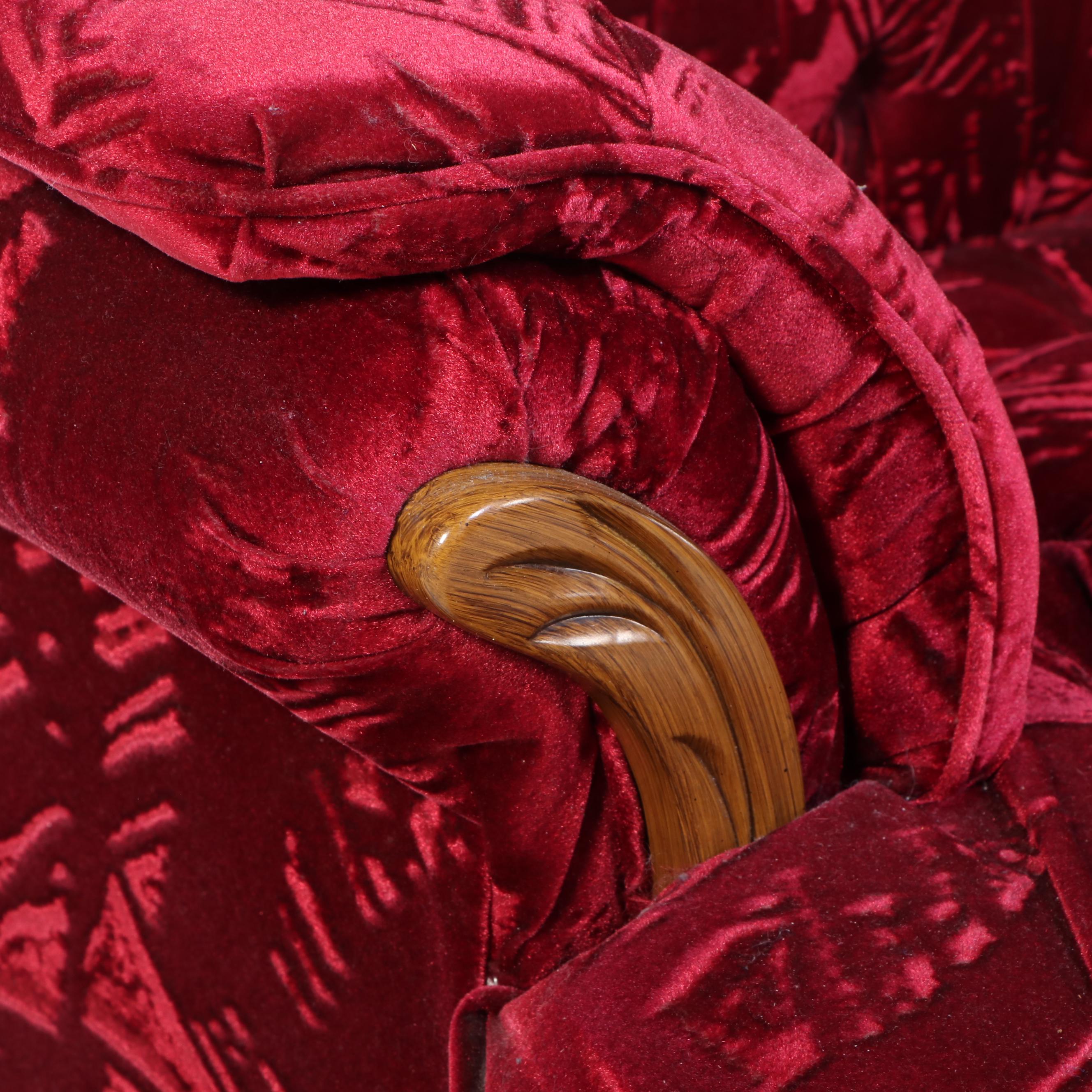 Red Velveteen Upholstered Button-Tufted Sofa and Loveseat, Late 20th Century