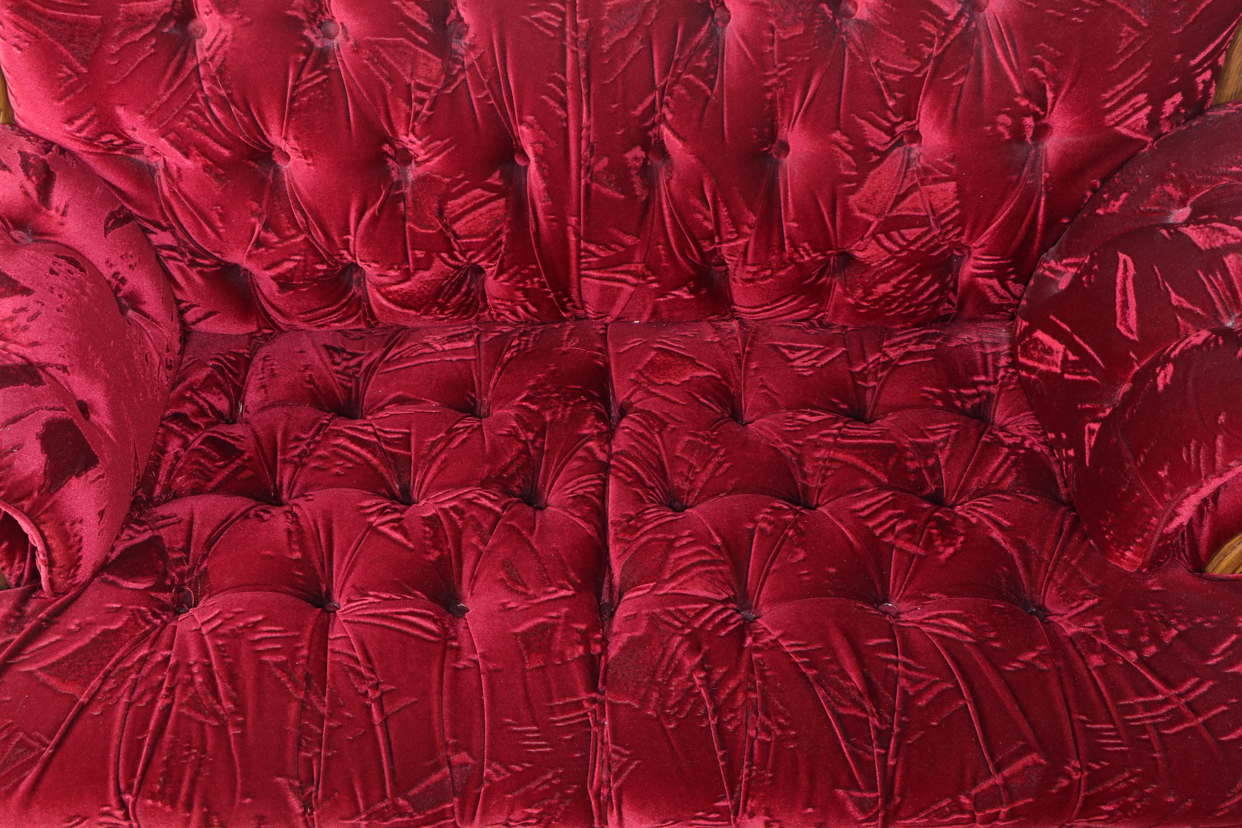 Red Velveteen Upholstered Button-Tufted Sofa and Loveseat, Late 20th Century