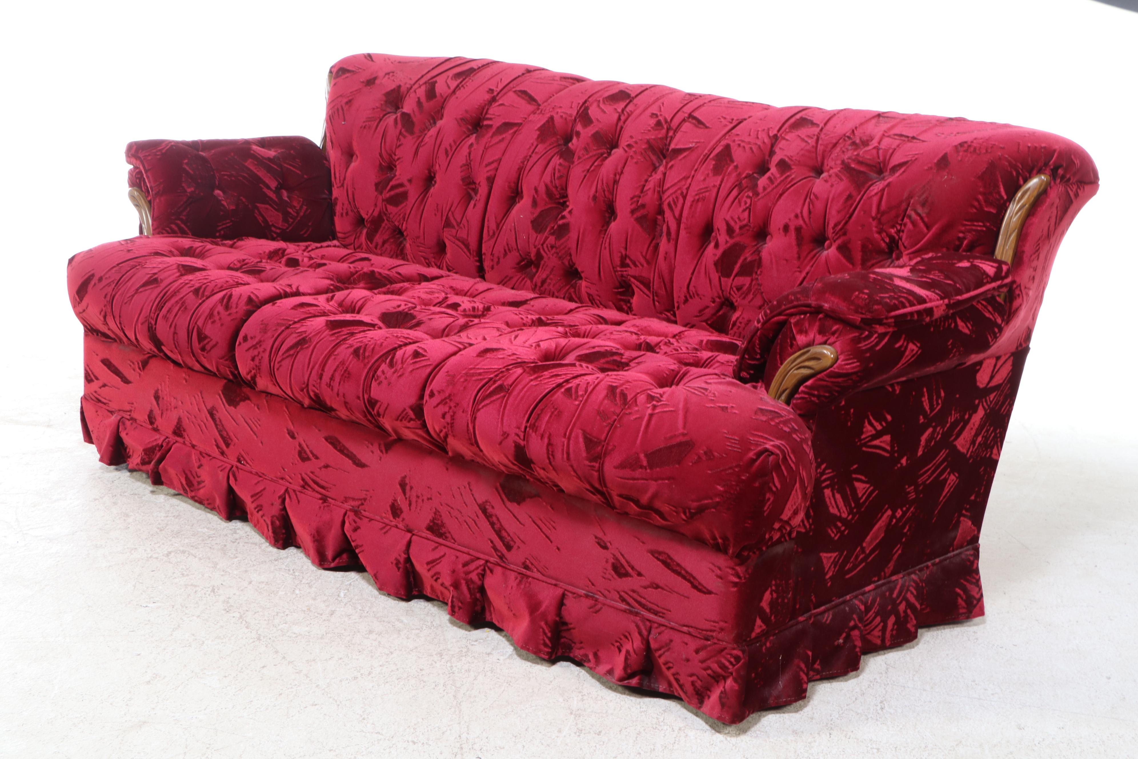 Red Velveteen Upholstered Button-Tufted Sofa and Loveseat, Late 20th Century
