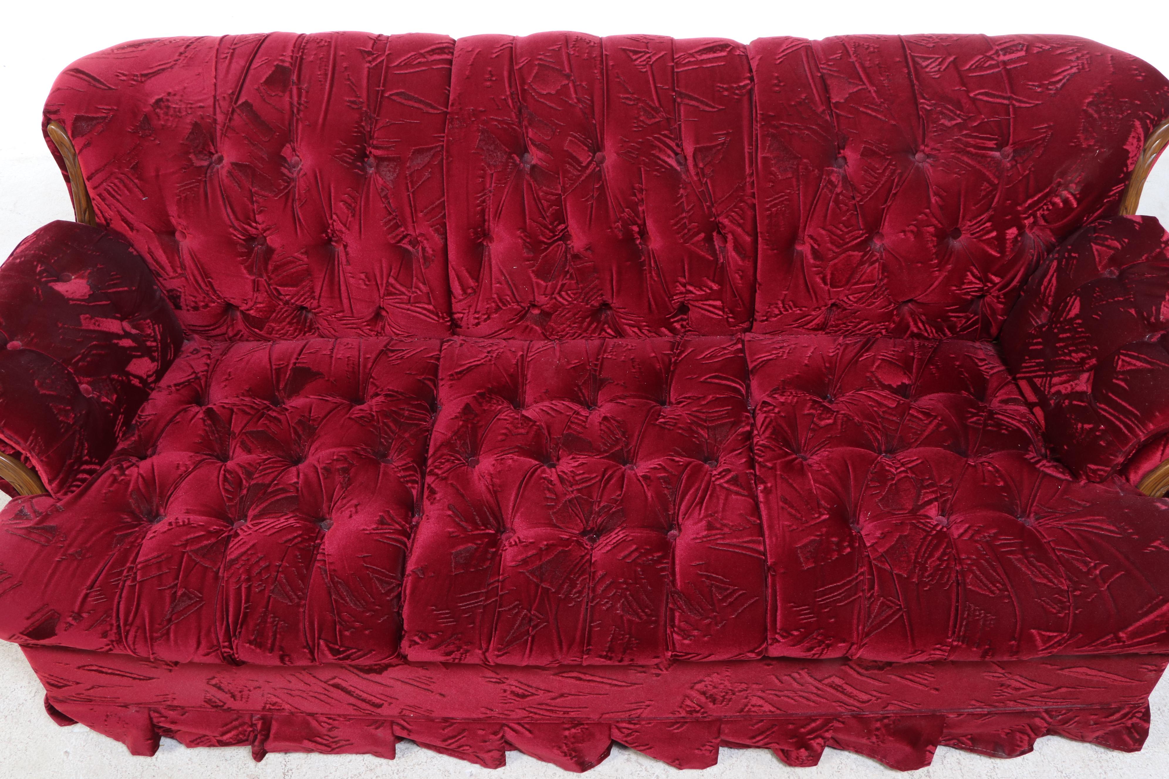Red Velveteen Upholstered Button-Tufted Sofa and Loveseat, Late 20th Century