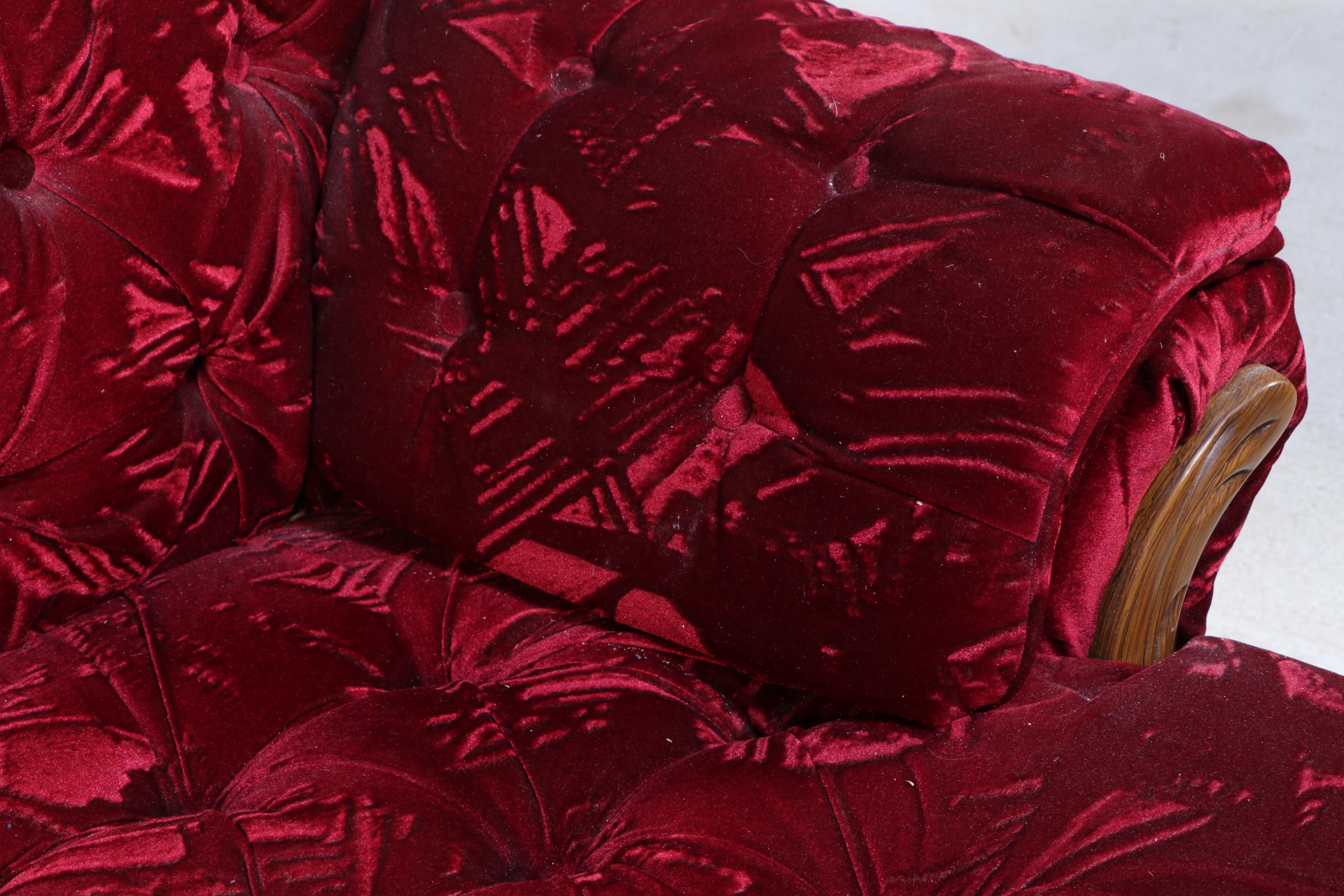 Red Velveteen Upholstered Button-Tufted Sofa and Loveseat, Late 20th Century