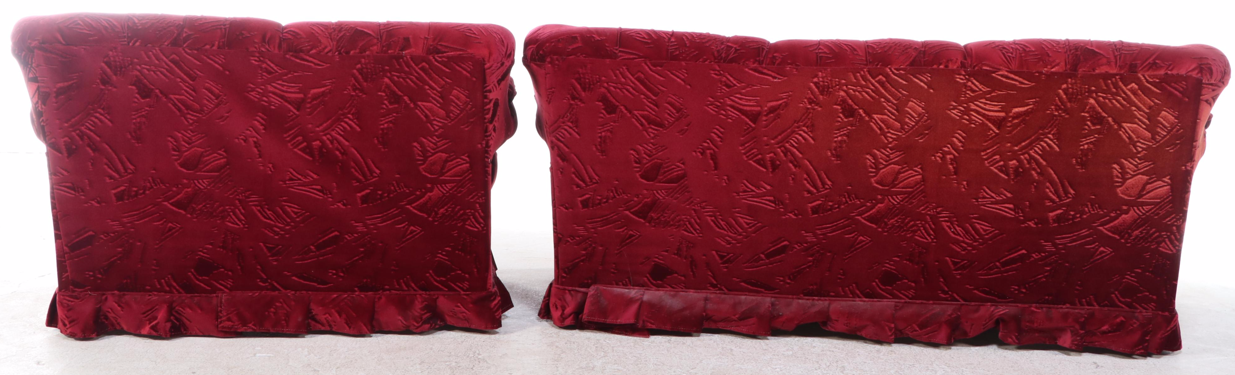 Red Velveteen Upholstered Button-Tufted Sofa and Loveseat, Late 20th Century
