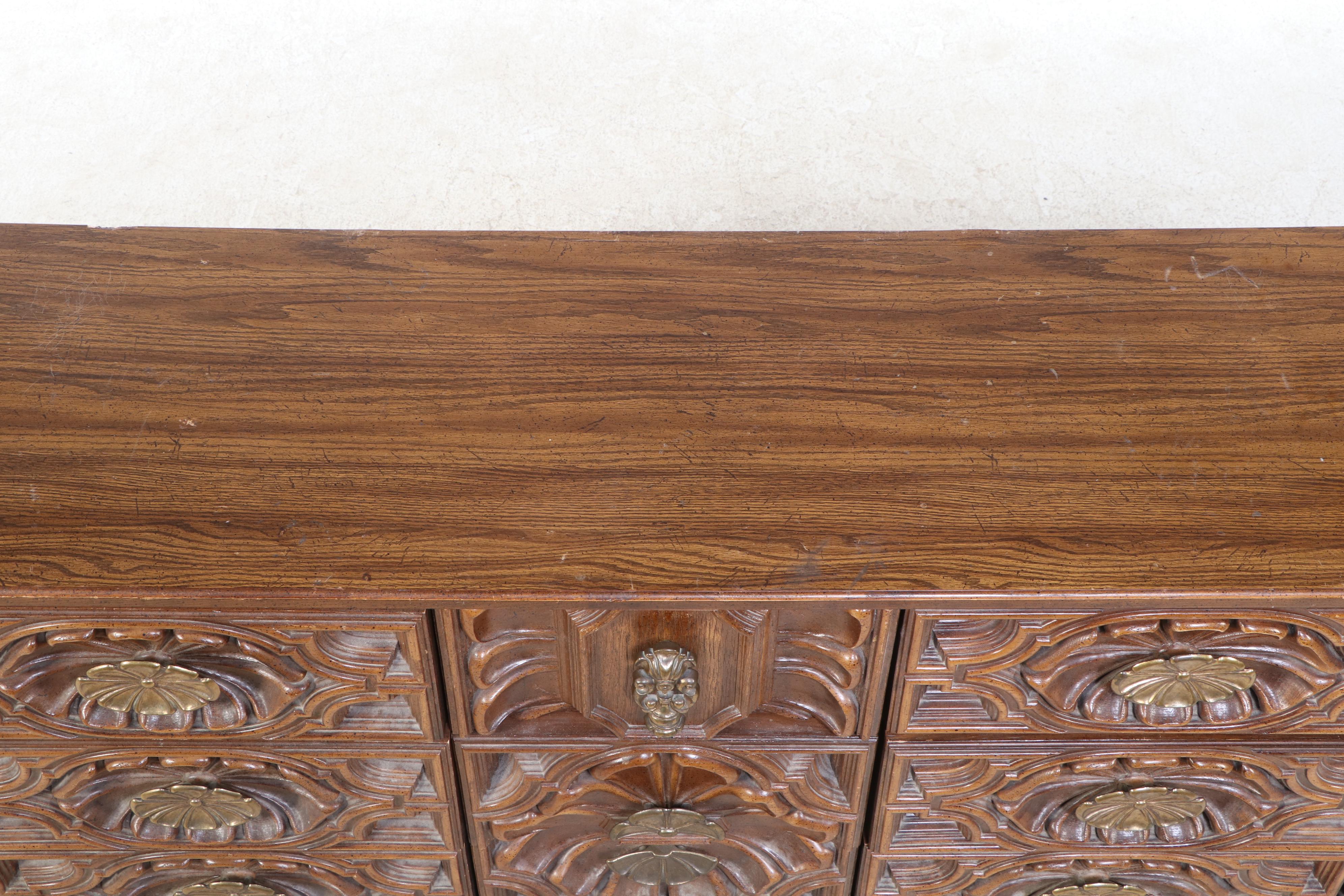 Spanish Baroque Style Carved Oak Dresser with Mirror, Mid to Late 20th Century