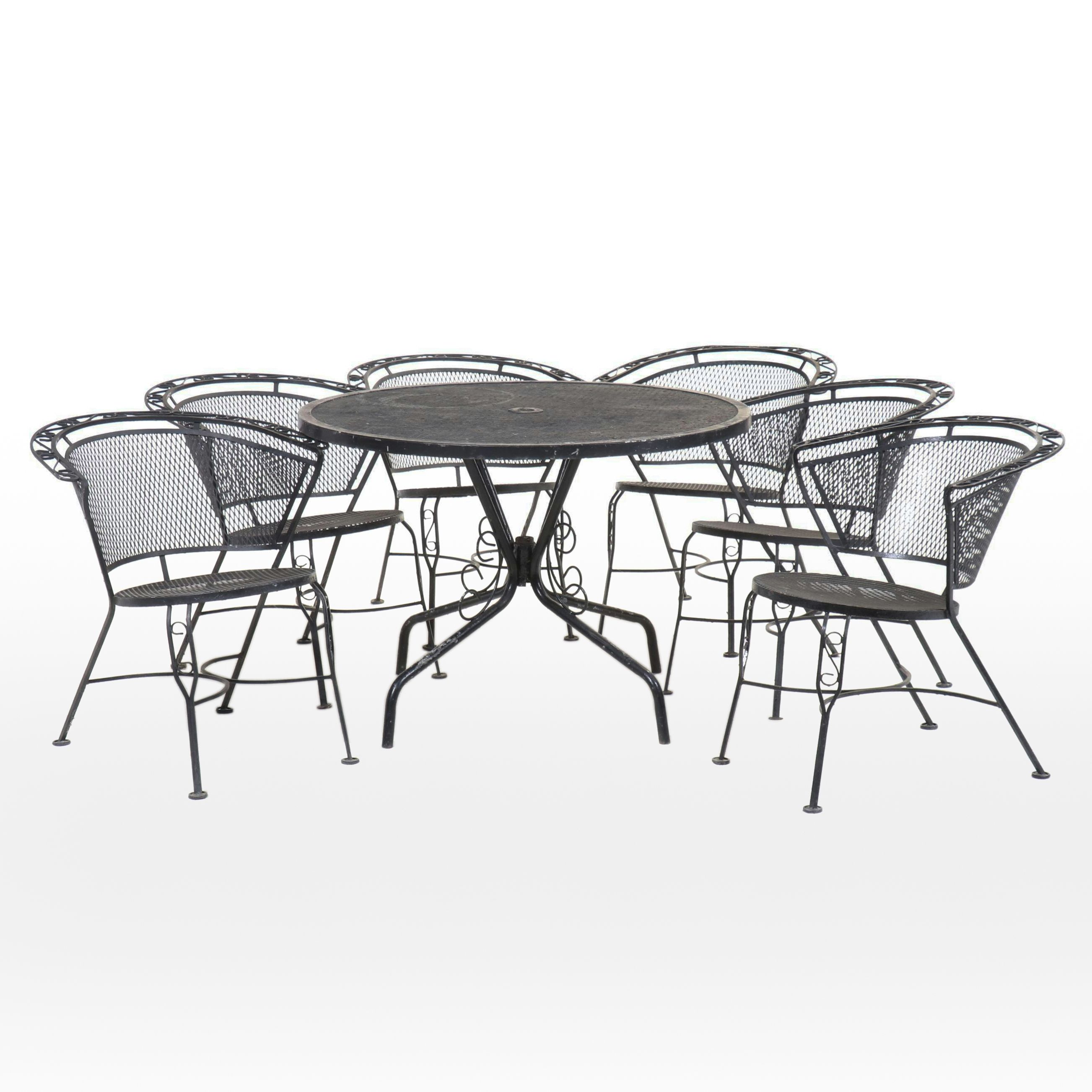 Seven-Piece Modernist Iron and Wire Mesh Patio Dining Set