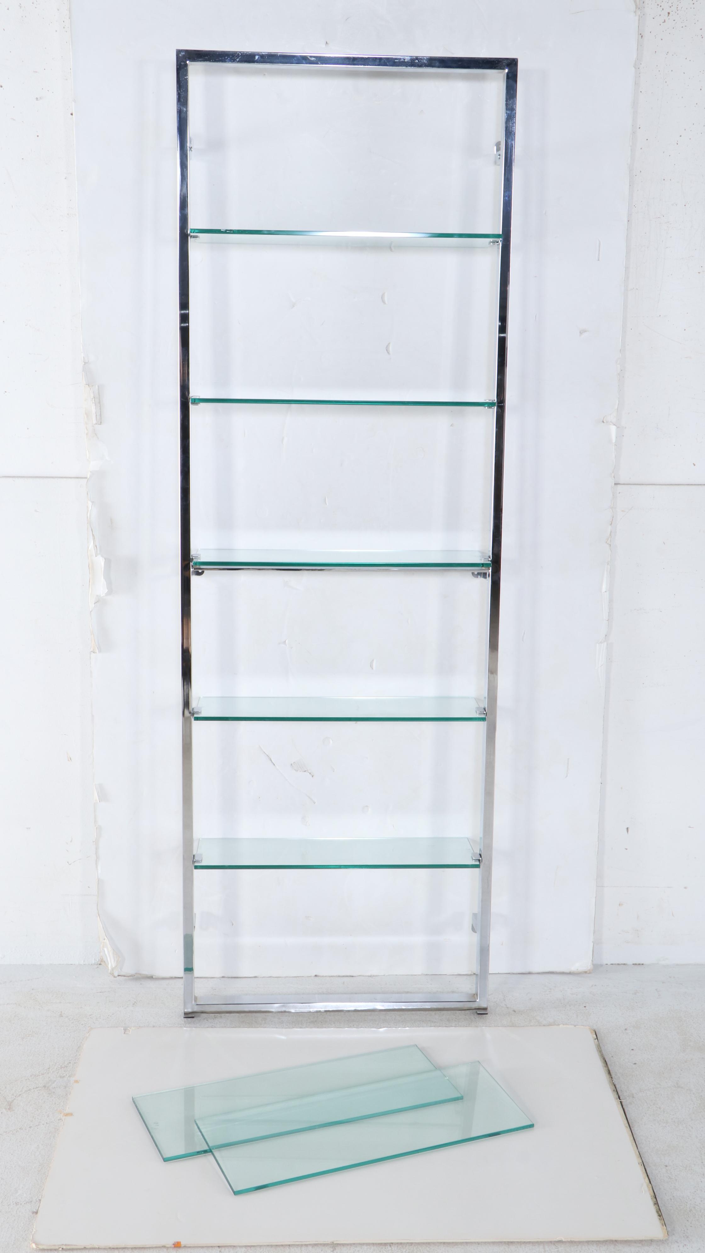 Modernist Chrome and Glass Five-Tier Wall-Mount Shelf