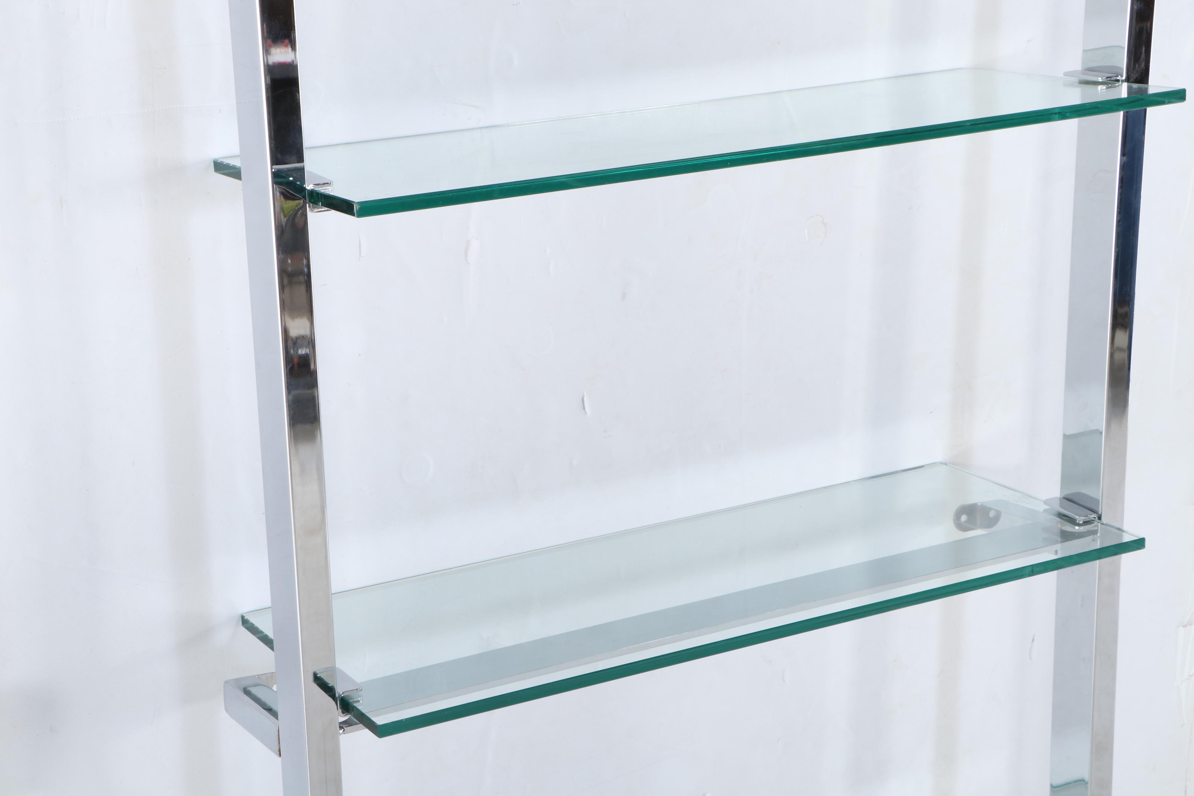 Modernist Chrome and Glass Five-Tier Wall-Mount Shelf
