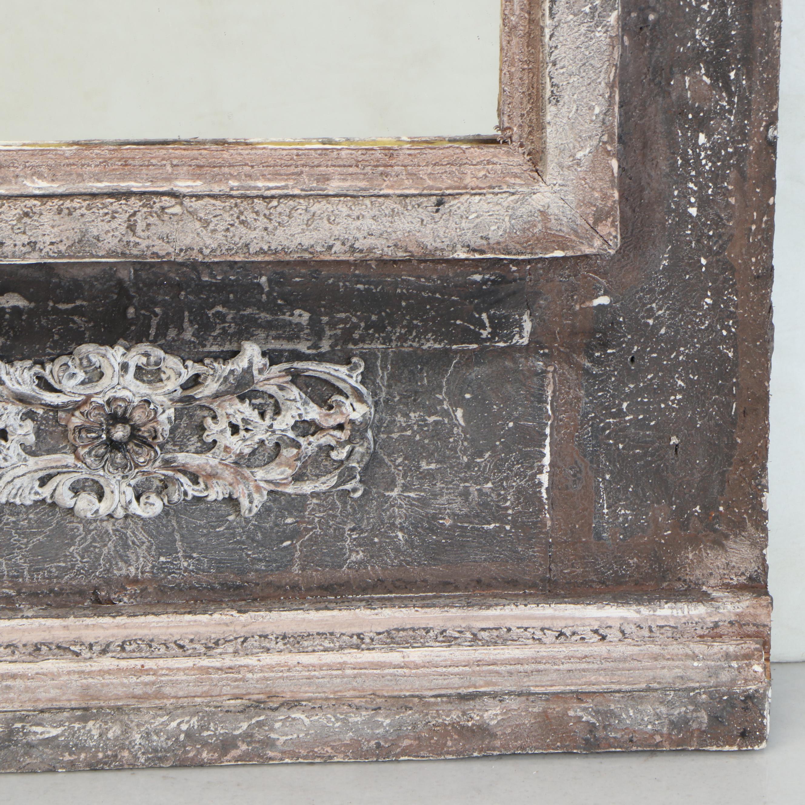 Distressed Wood Wall Mirror with Architectural Molding and Foliate Detail