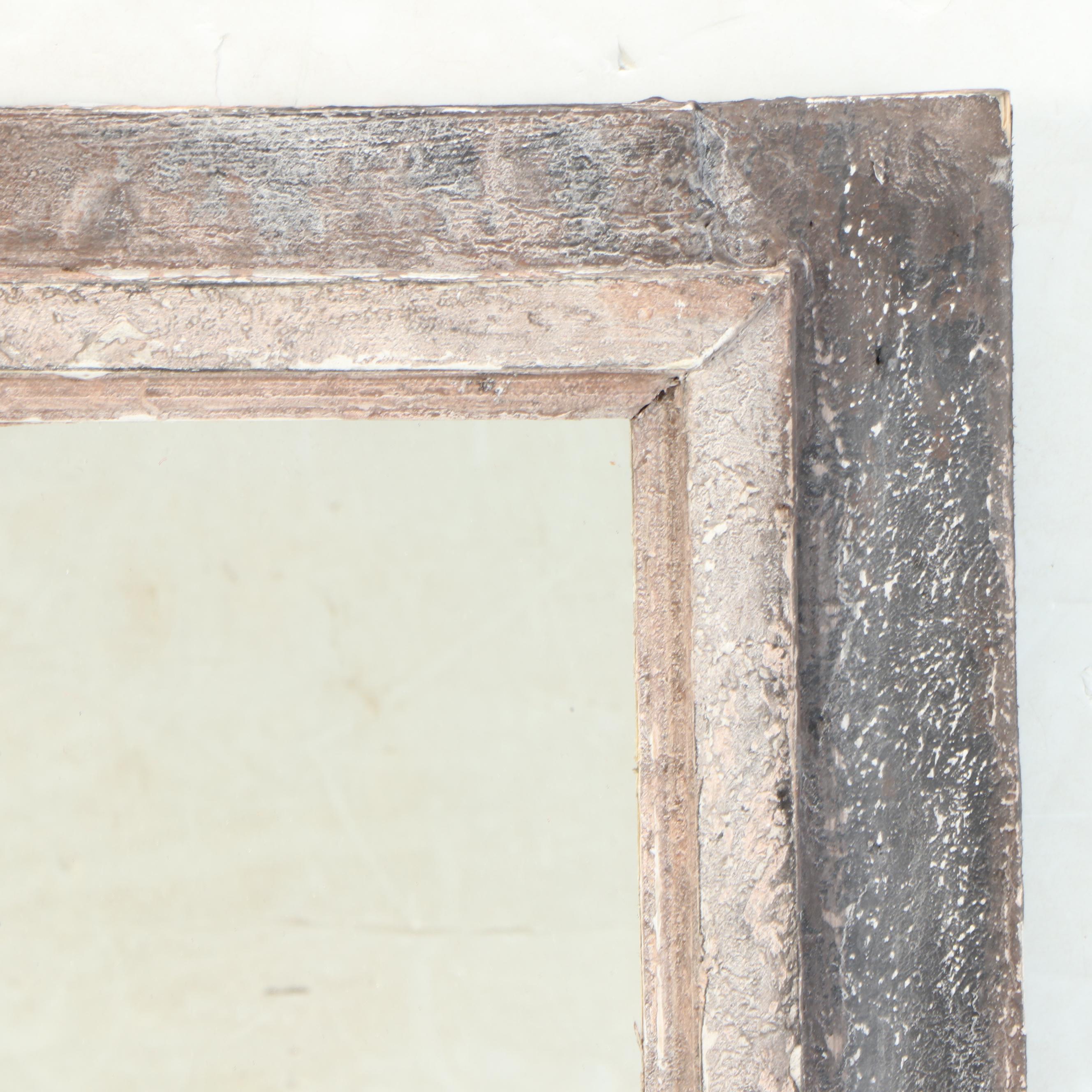Distressed Wood Wall Mirror with Architectural Molding and Foliate Detail