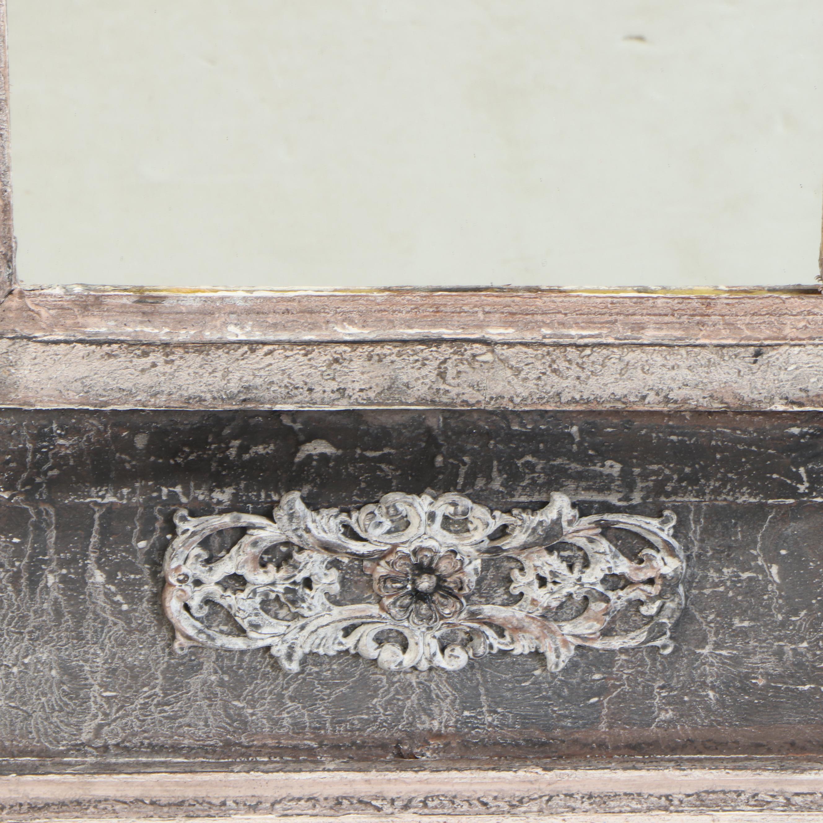 Distressed Wood Wall Mirror with Architectural Molding and Foliate Detail