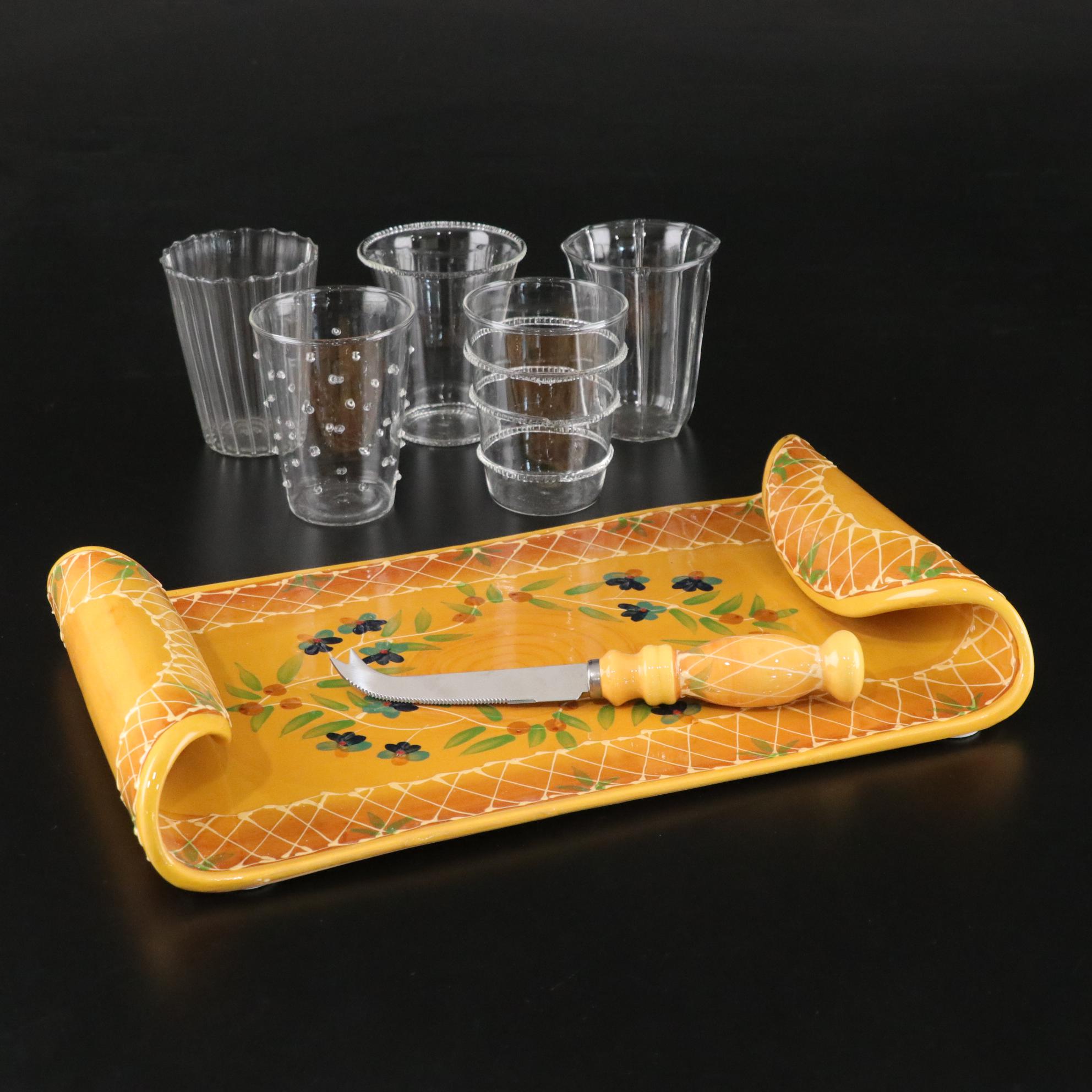 Cedre Rouge "Romancing  Provence" Terracotta Cheese Tray with Glass Tumblers
