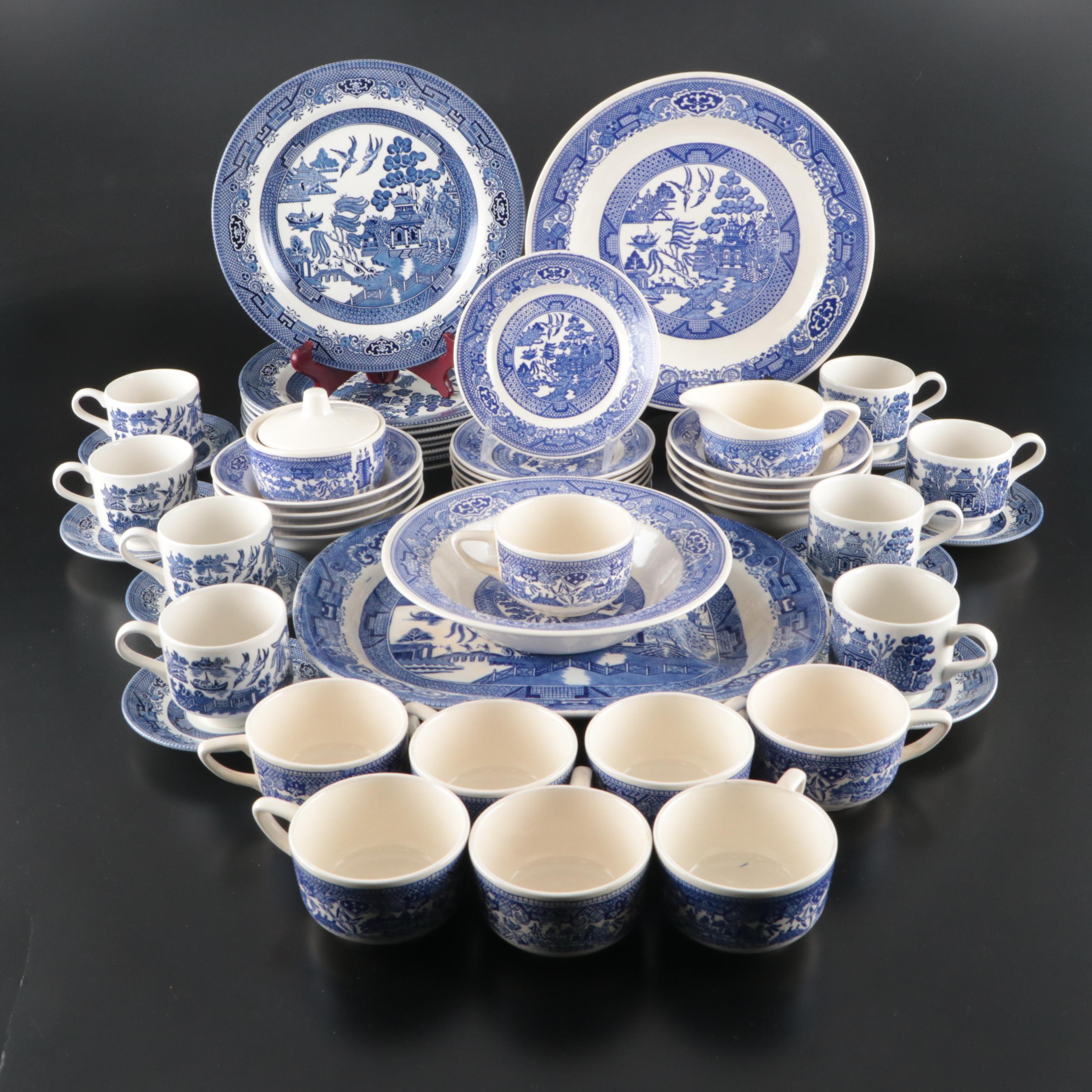 Churchill "Willow" with Ridgways Platter and Other Blue Willow Tableware