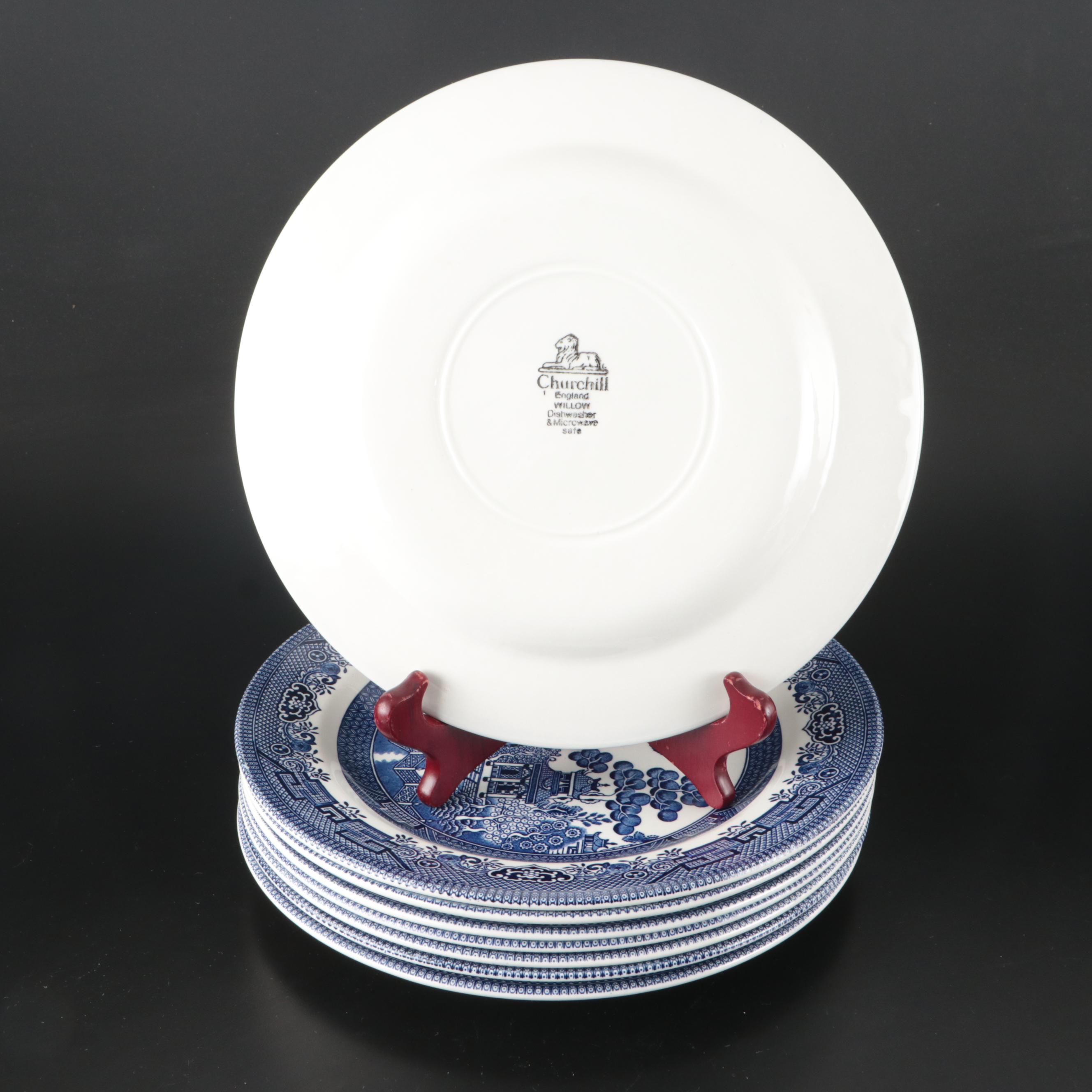 Churchill "Willow" with Ridgways Platter and Other Blue Willow Tableware