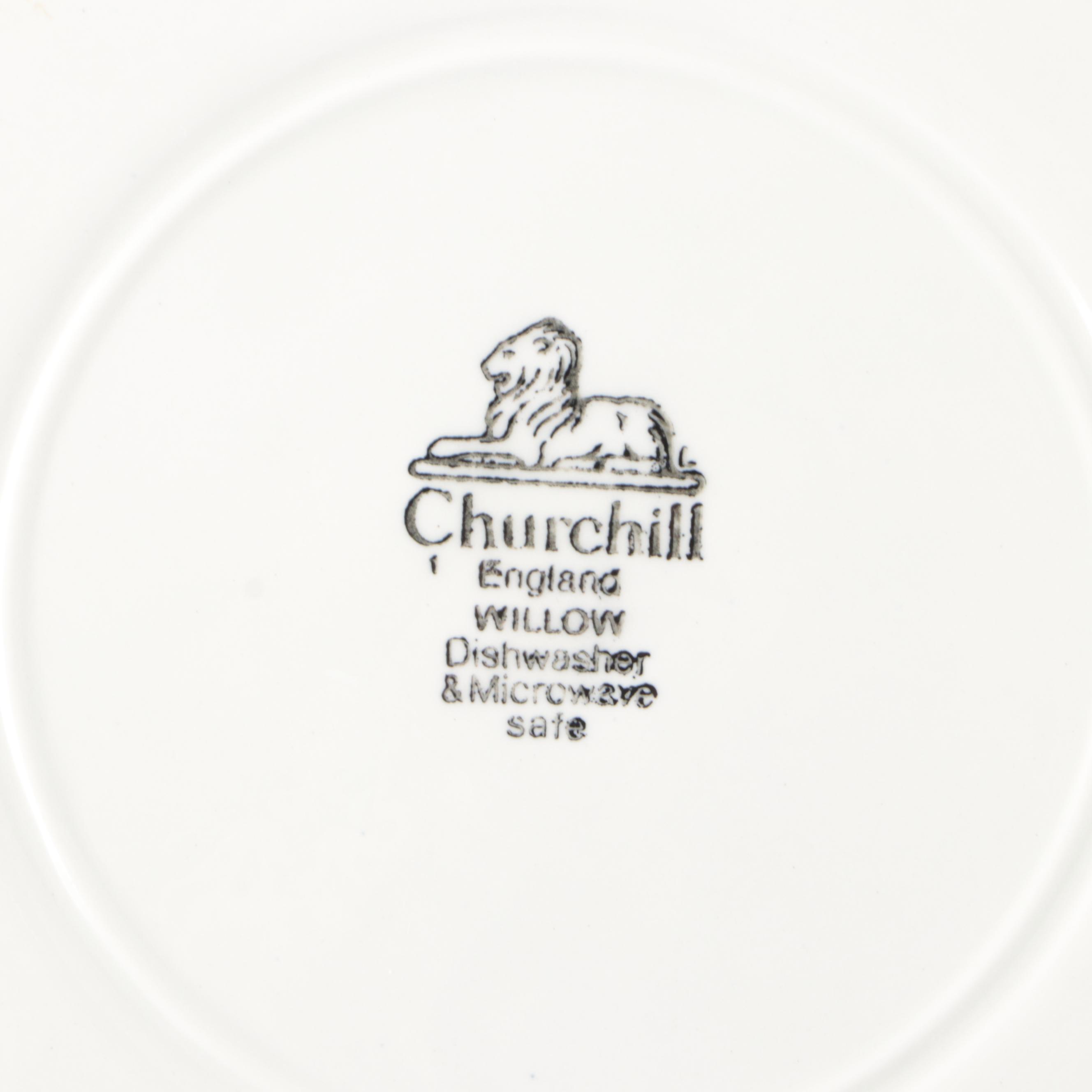 Churchill "Willow" with Ridgways Platter and Other Blue Willow Tableware