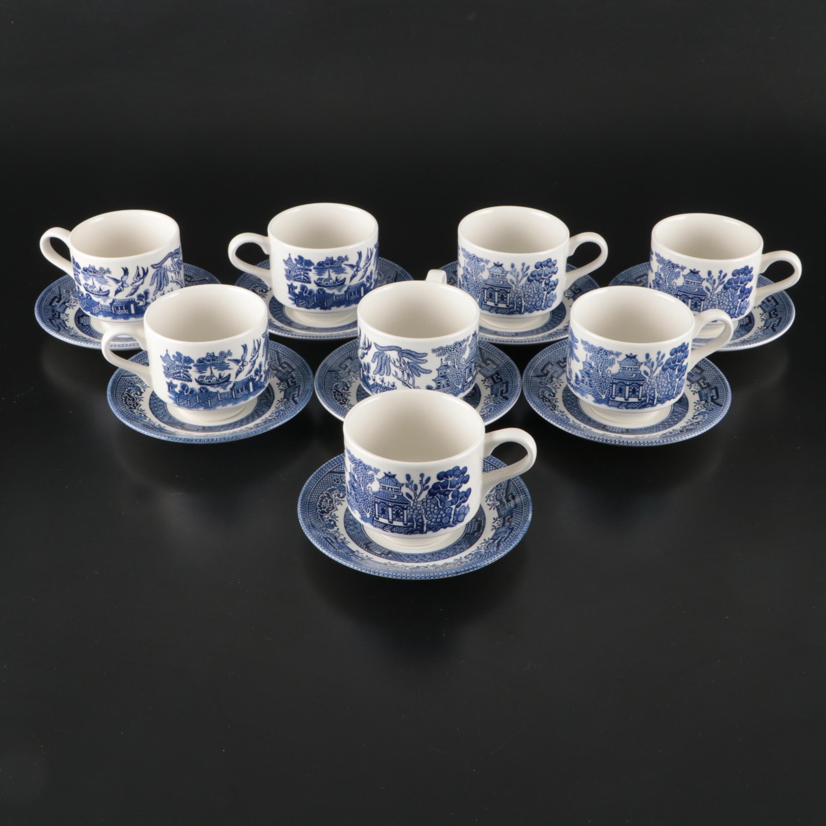 Churchill "Willow" with Ridgways Platter and Other Blue Willow Tableware