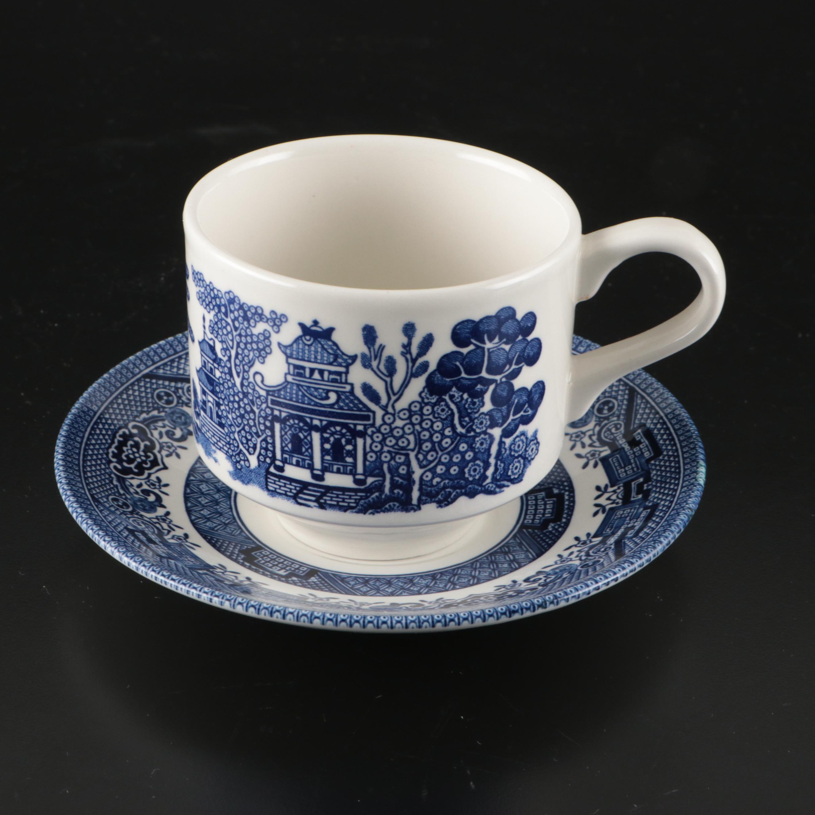 Churchill "Willow" with Ridgways Platter and Other Blue Willow Tableware