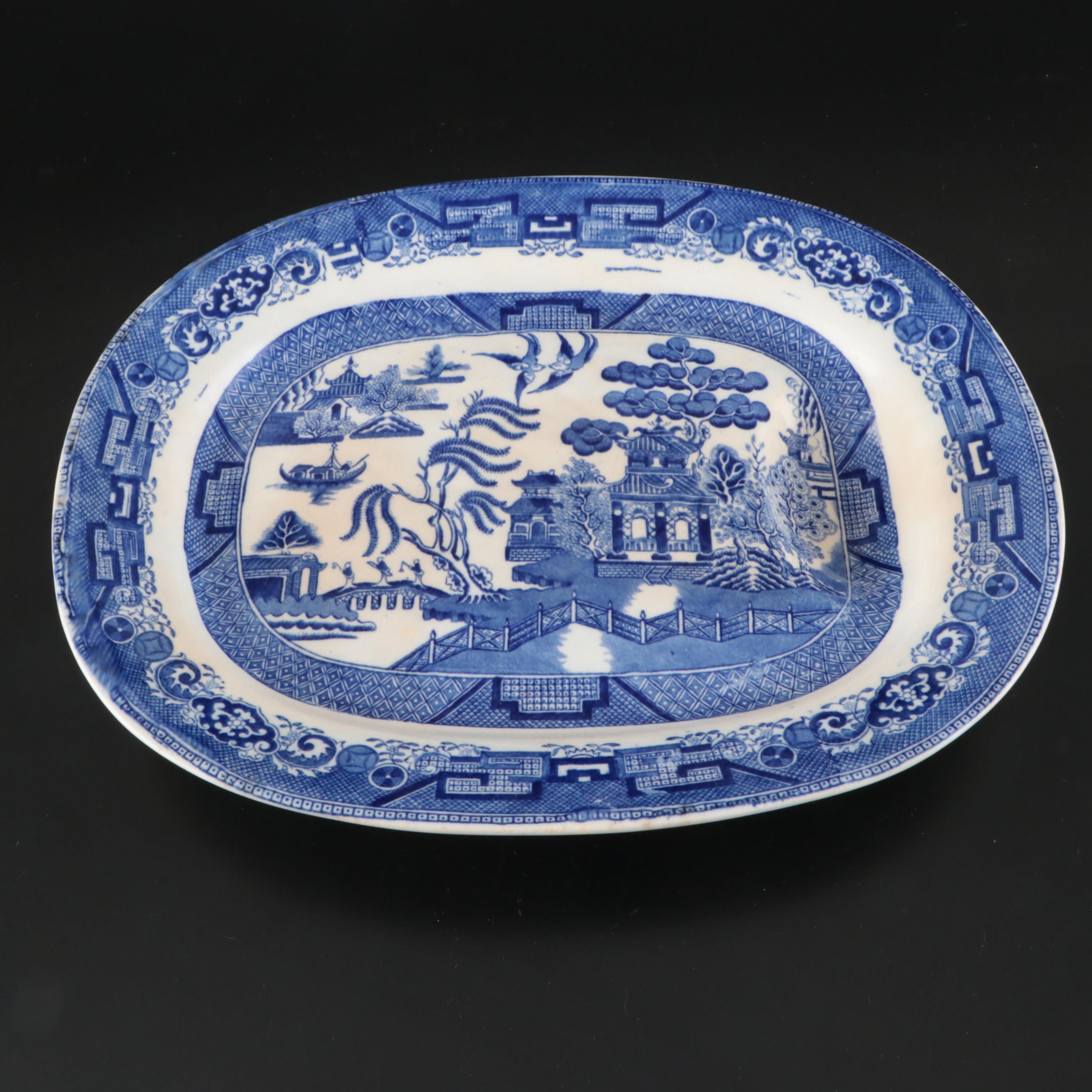 Churchill "Willow" with Ridgways Platter and Other Blue Willow Tableware