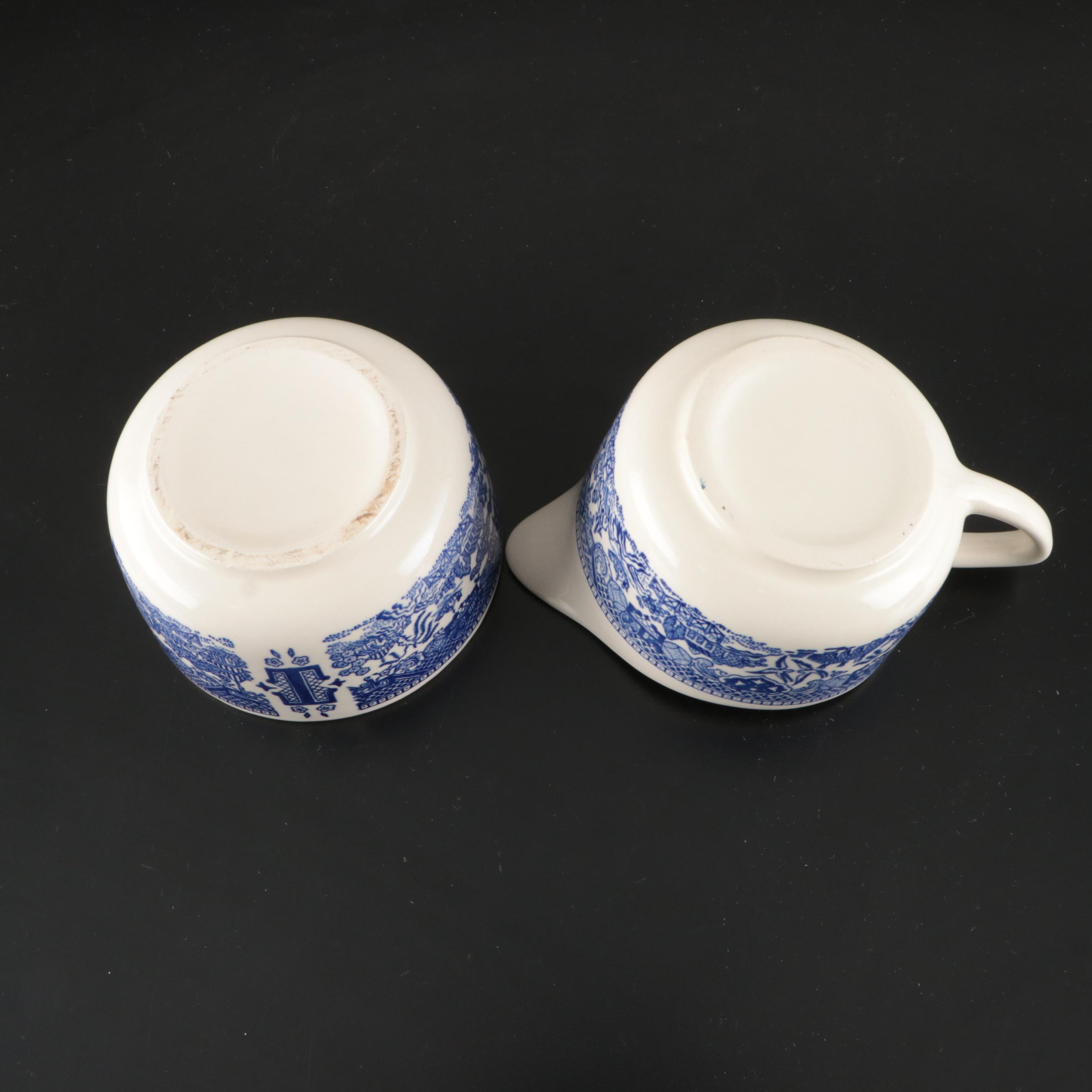 Churchill "Willow" with Ridgways Platter and Other Blue Willow Tableware