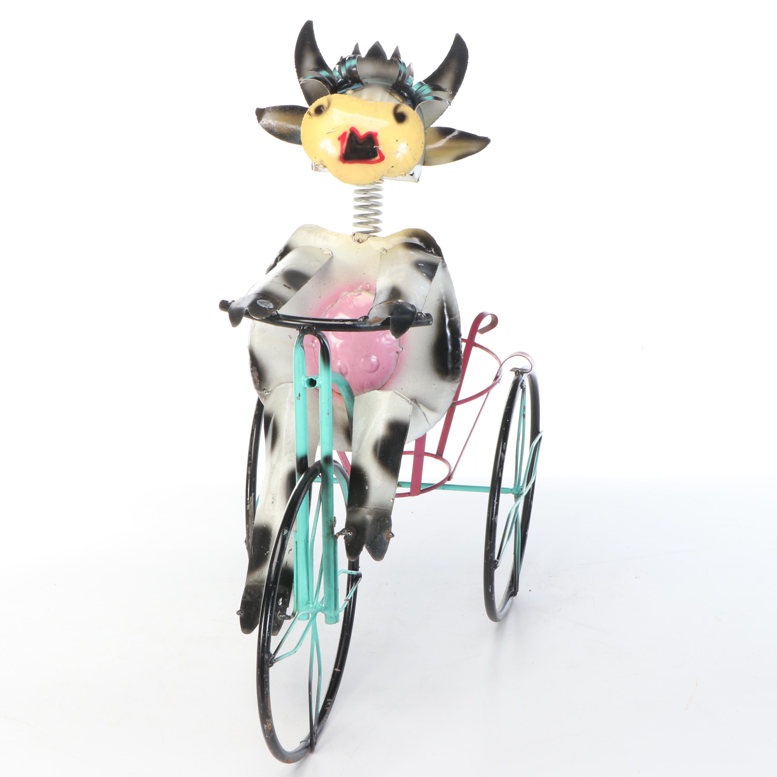 Whimsical Repurposed Metal Cow on Bicycle, Bull with Binoculars, and Dog