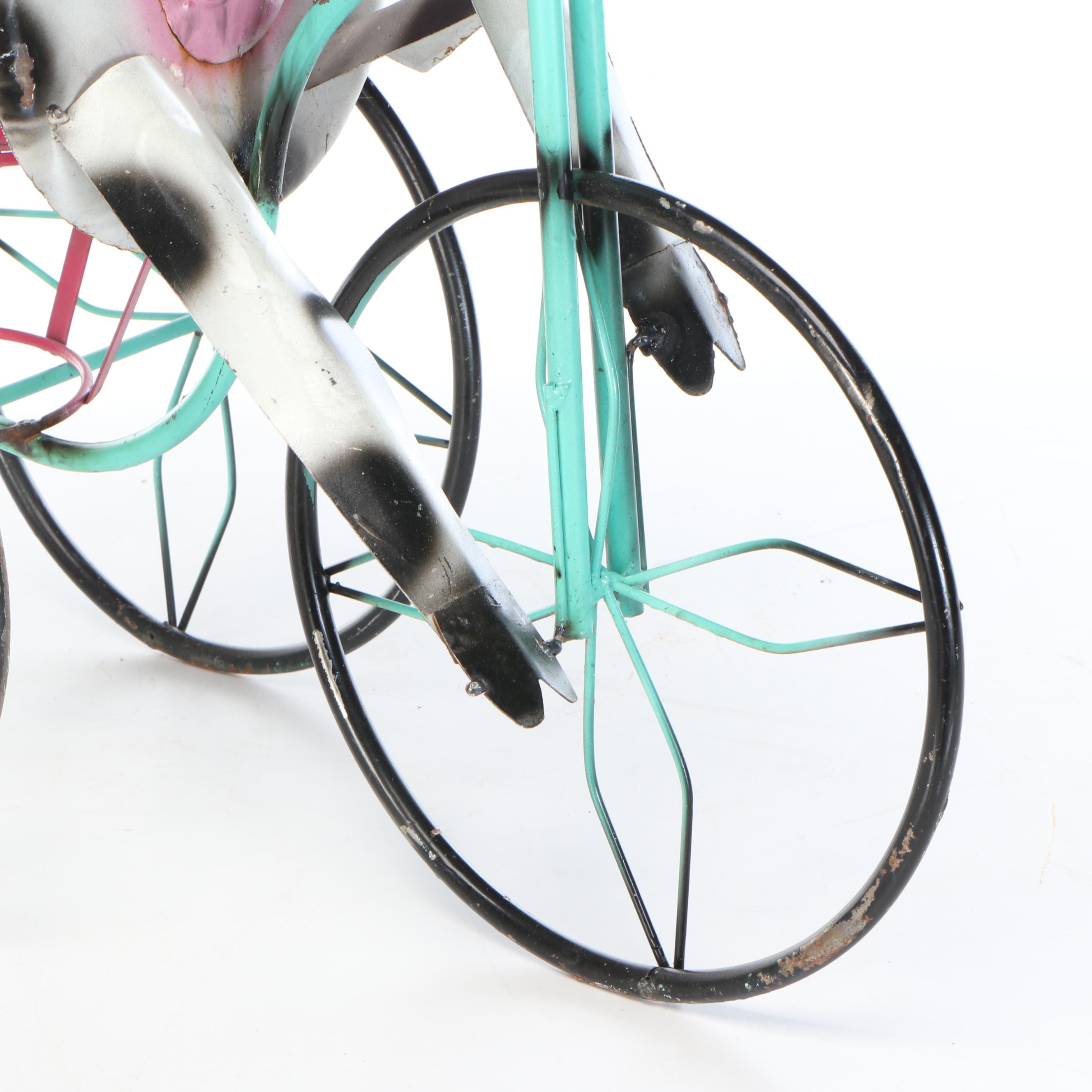 Whimsical Repurposed Metal Cow on Bicycle, Bull with Binoculars, and Dog