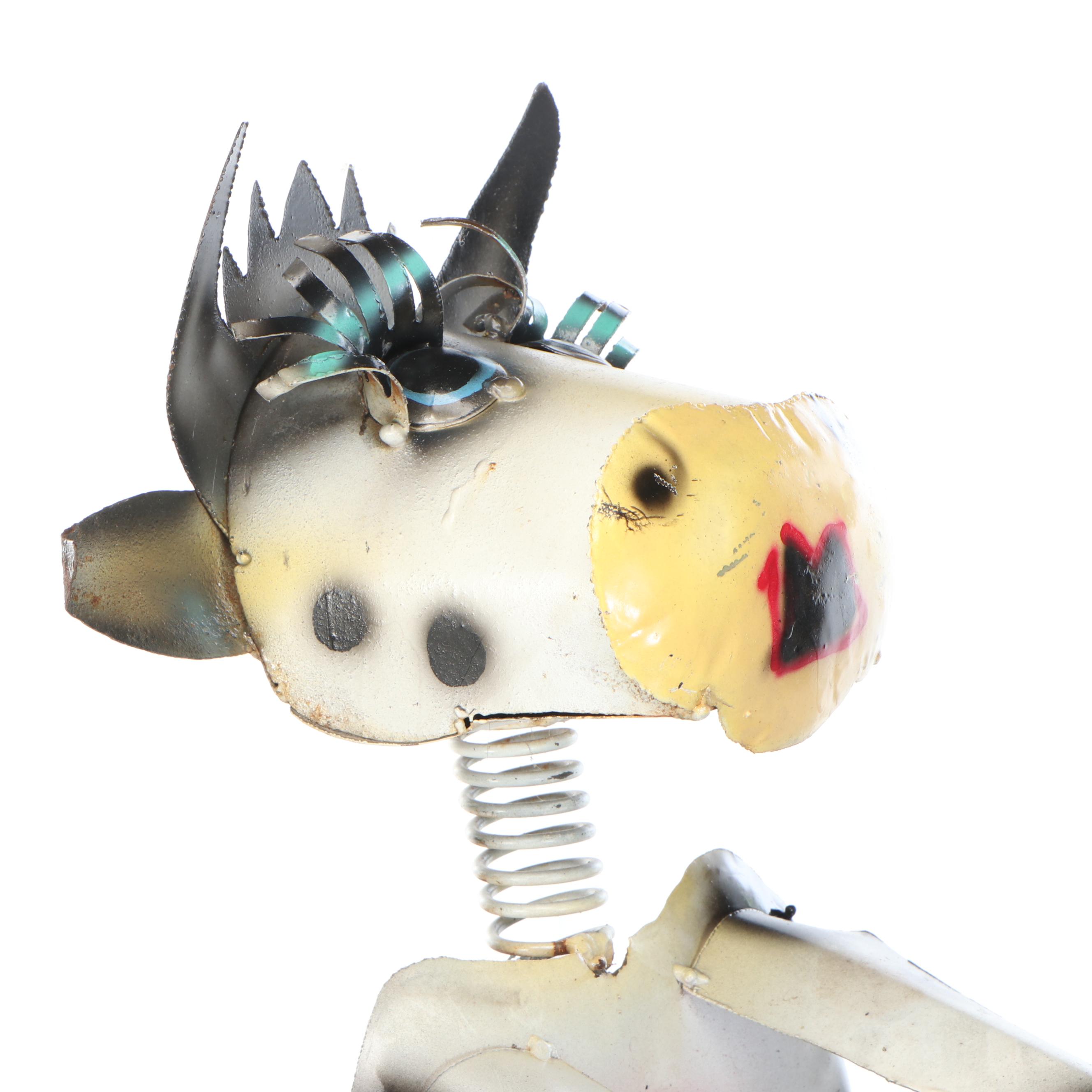 Whimsical Repurposed Metal Cow on Bicycle, Bull with Binoculars, and Dog