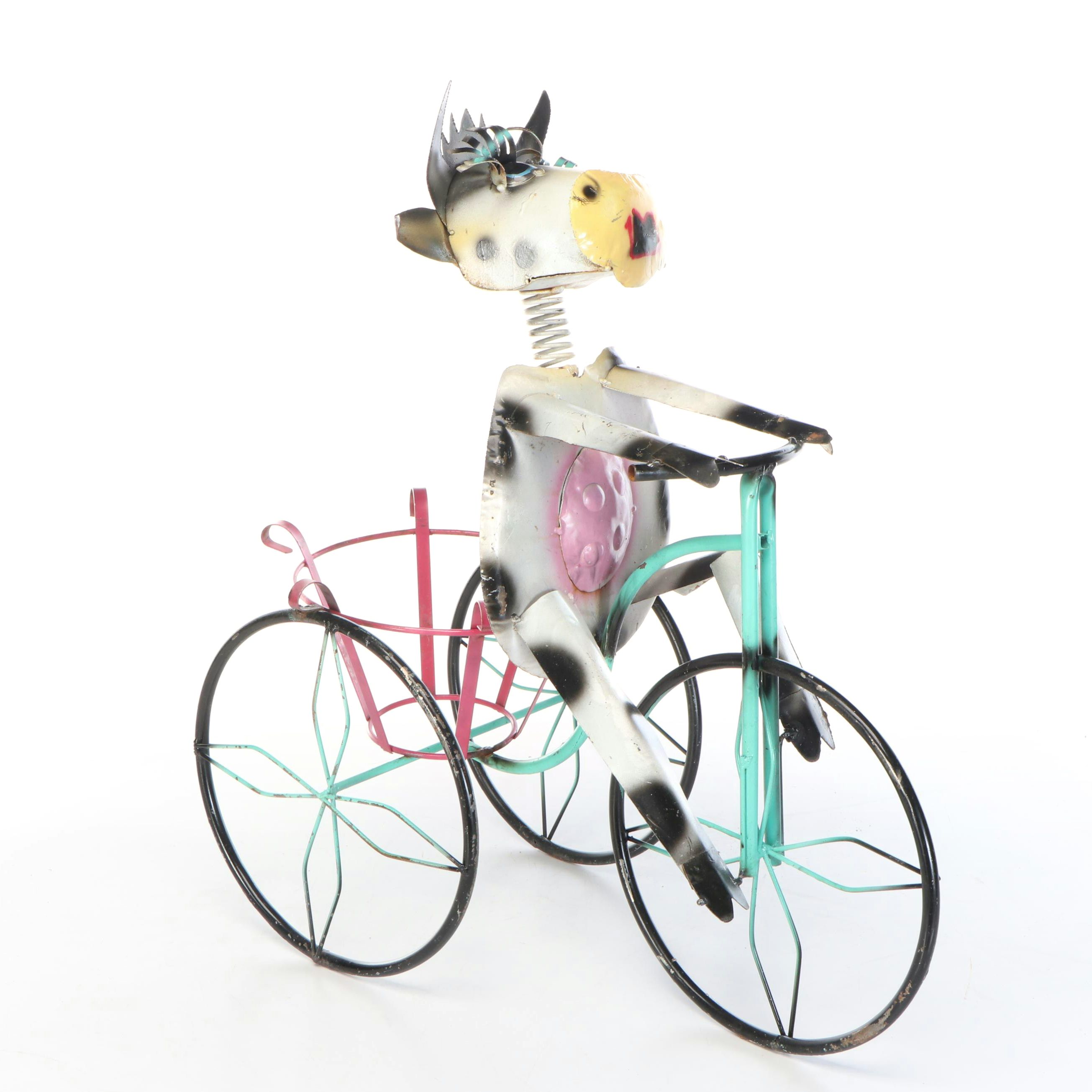 Whimsical Repurposed Metal Cow on Bicycle, Bull with Binoculars, and Dog