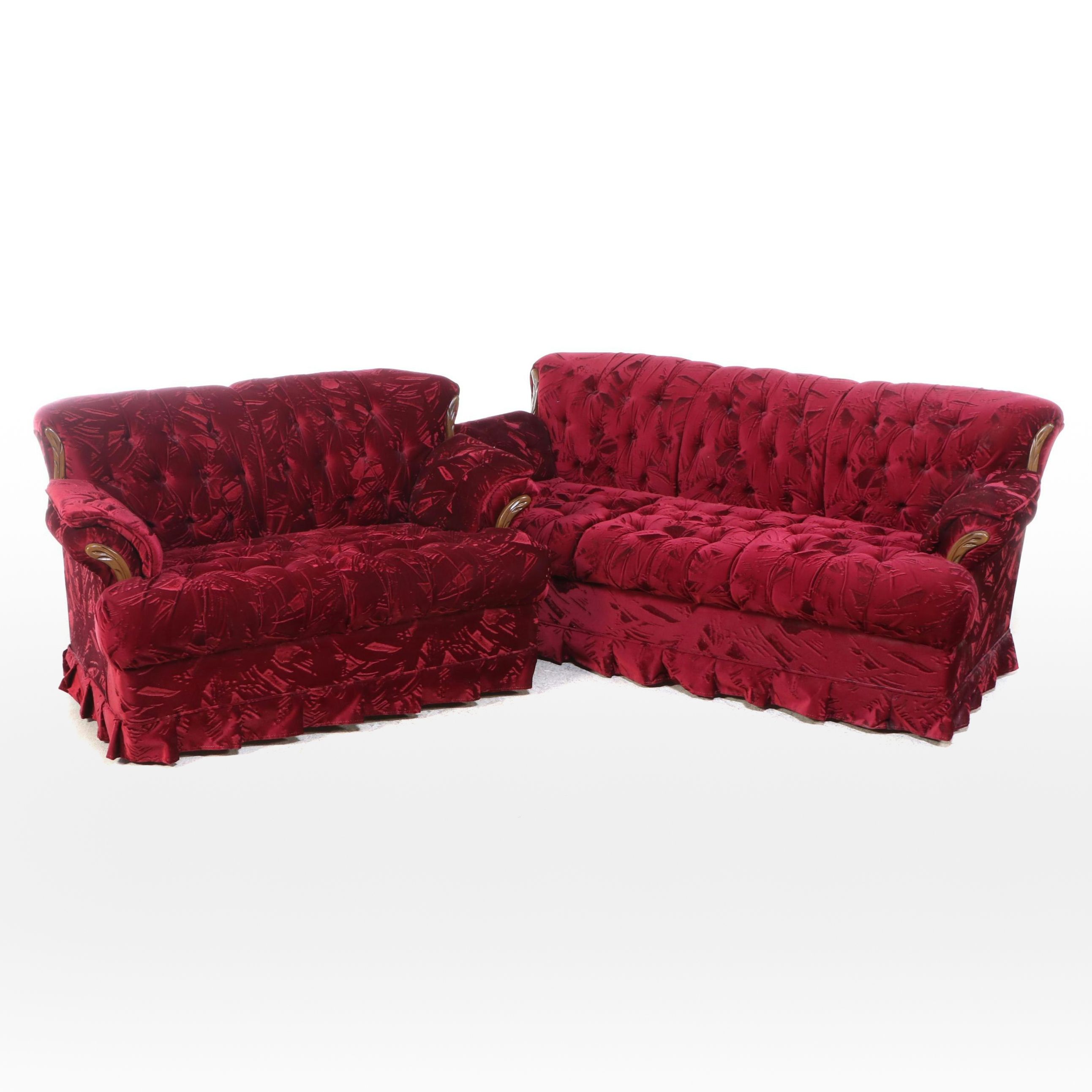 Red Velveteen Upholstered Button-Tufted Sofa and Loveseat, Late 20th Century