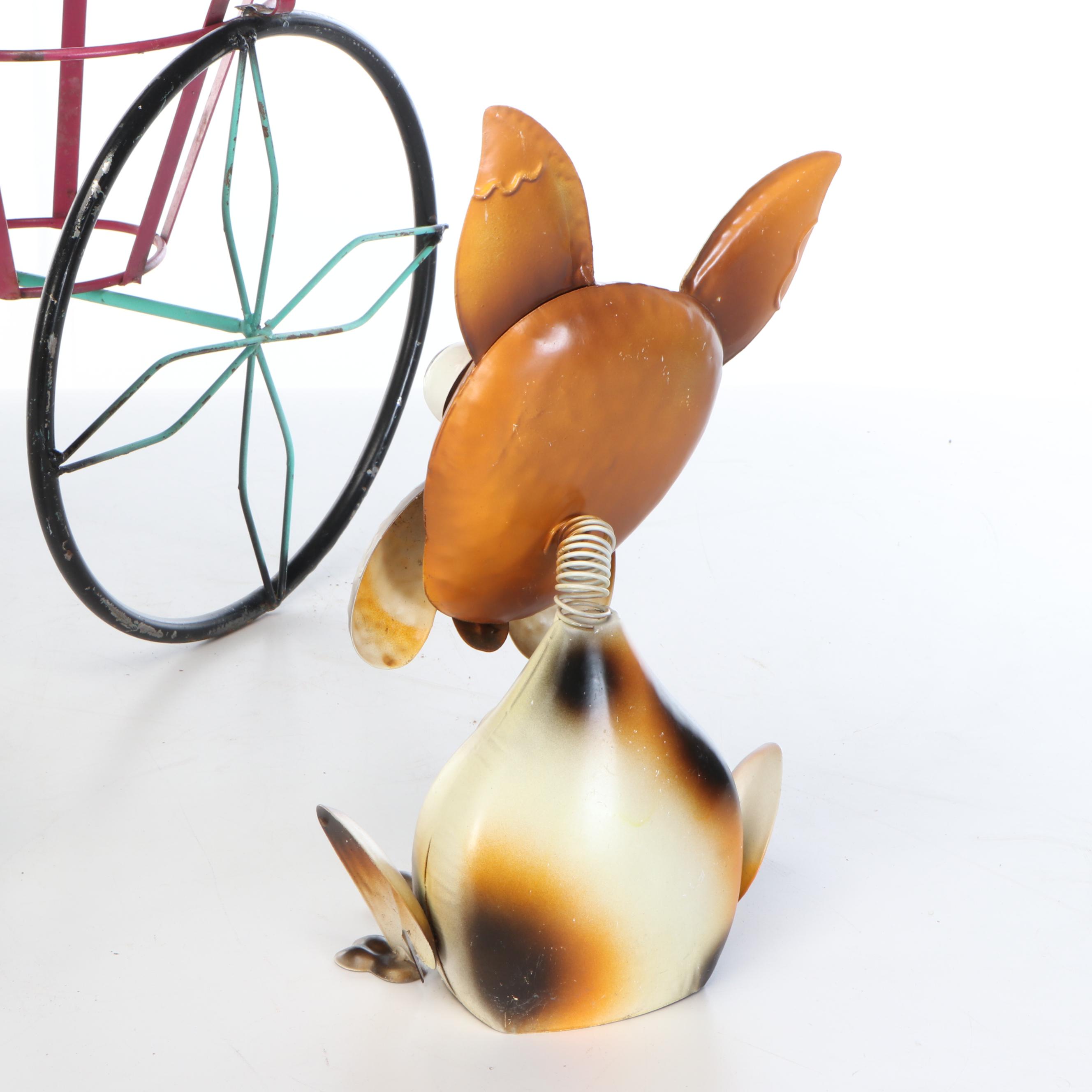 Whimsical Repurposed Metal Cow on Bicycle, Bull with Binoculars, and Dog