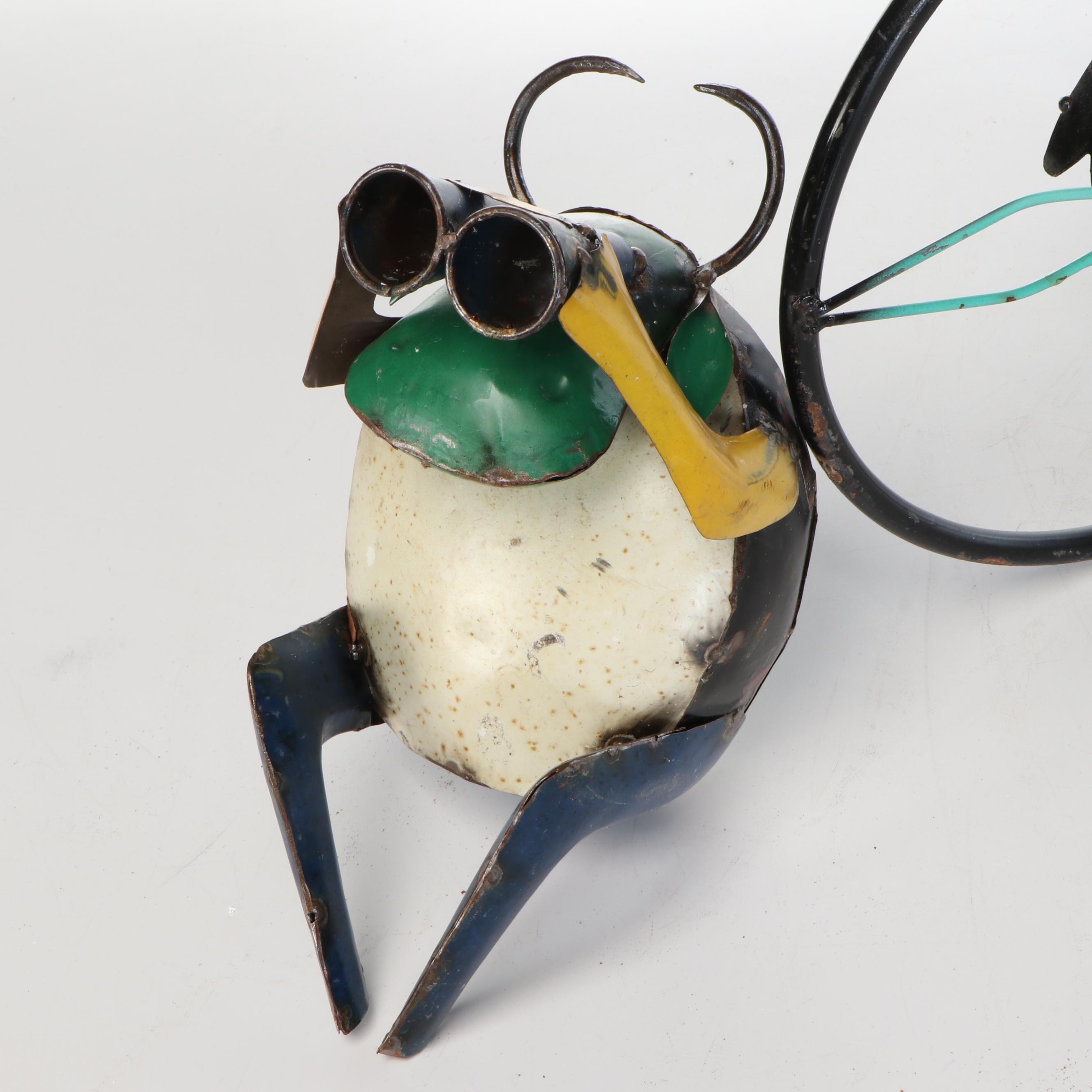 Whimsical Repurposed Metal Cow on Bicycle, Bull with Binoculars, and Dog