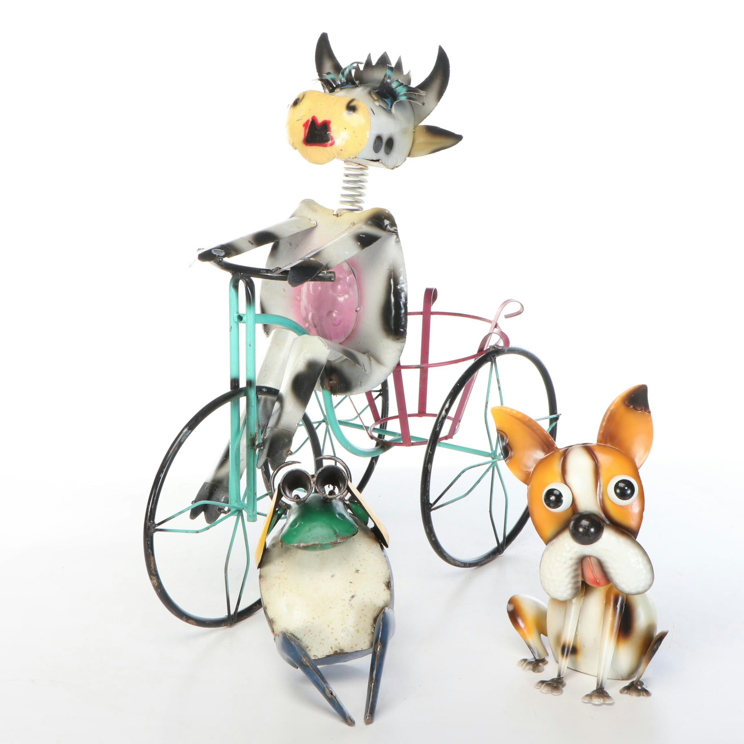 Whimsical Repurposed Metal Cow on Bicycle, Bull with Binoculars, and Dog