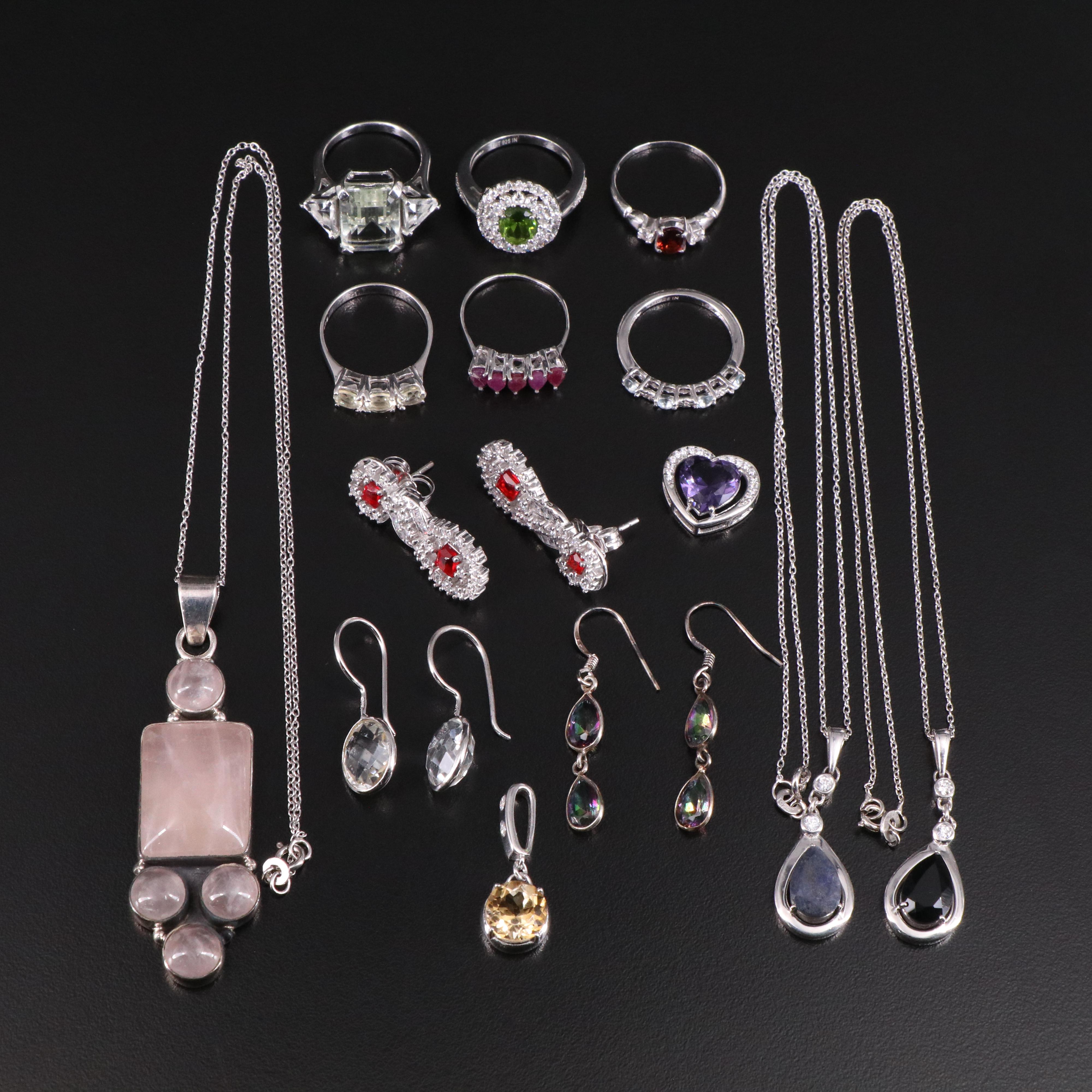 14 Assorted Sterling Silver Rings, Necklaces, Earrings, and Pendants