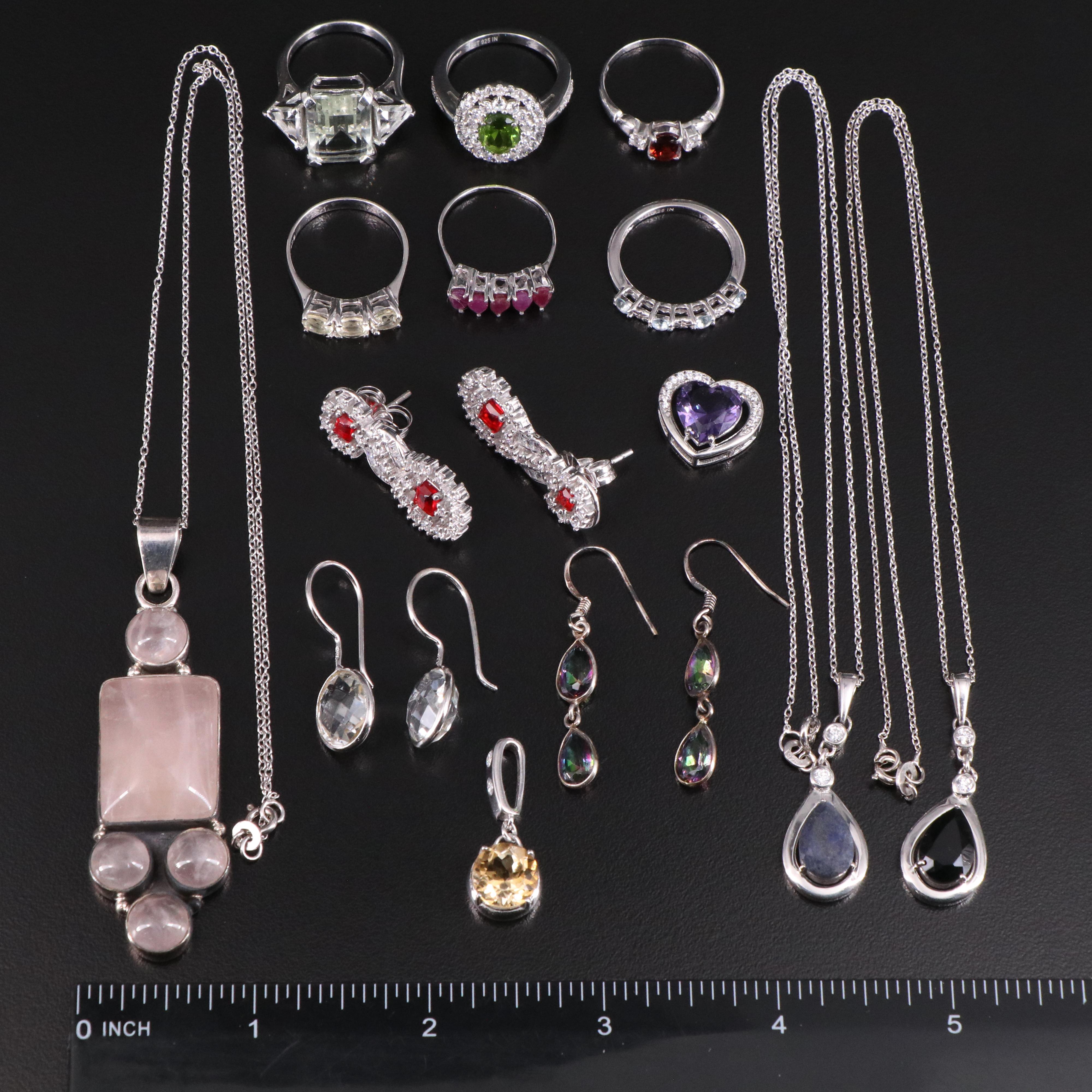 14 Assorted Sterling Silver Rings, Necklaces, Earrings, and Pendants