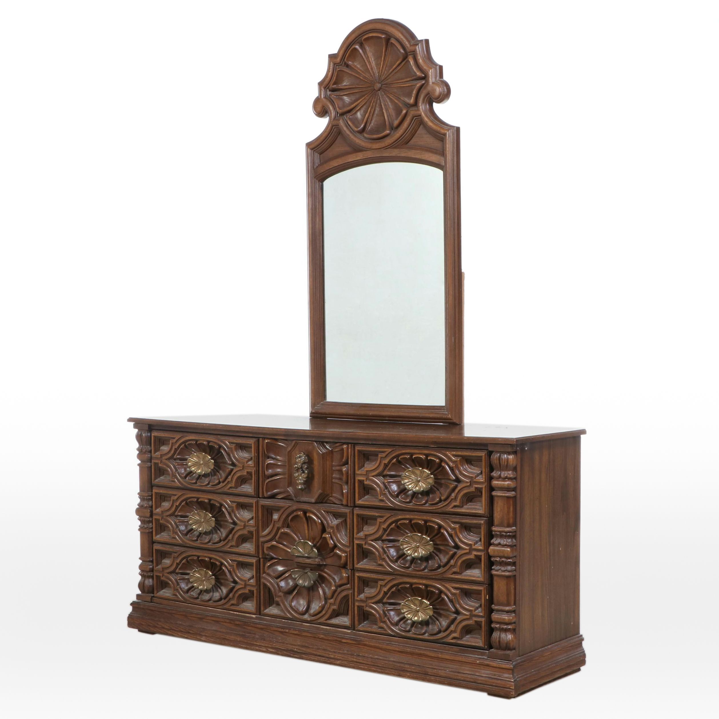 Spanish Baroque Style Carved Oak Dresser with Mirror, Mid to Late 20th Century