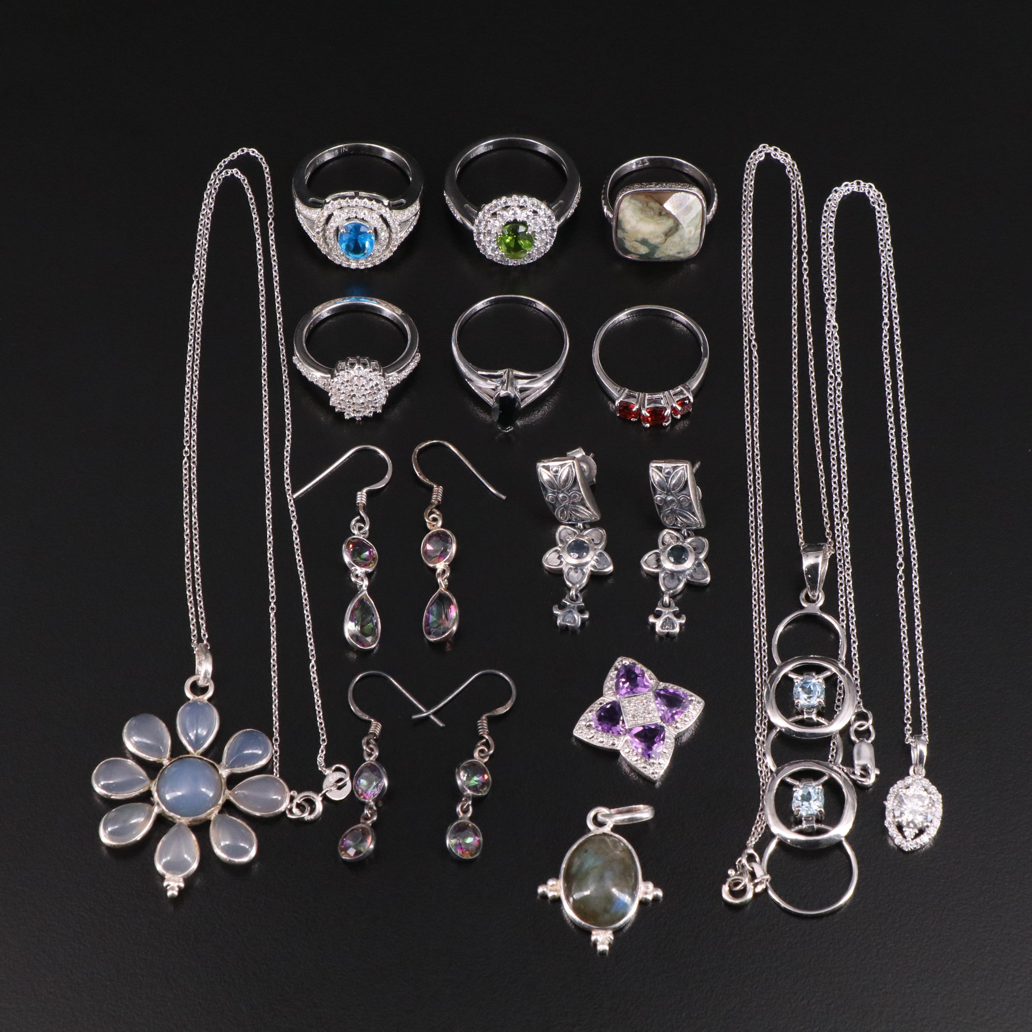 14 Assorted Sterling Silver Rings, Necklaces, Earrings, and Pendants