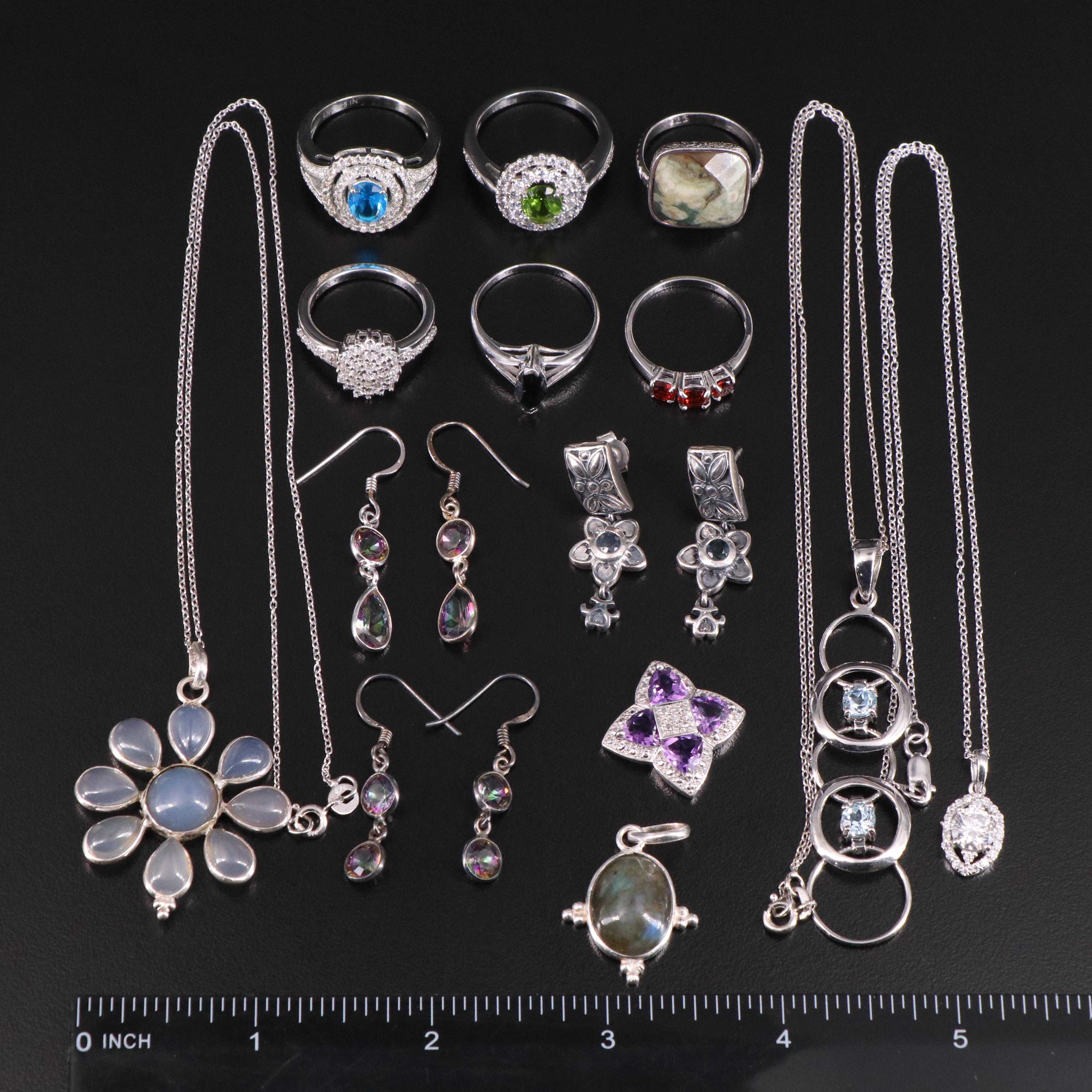14 Assorted Sterling Silver Rings, Necklaces, Earrings, and Pendants