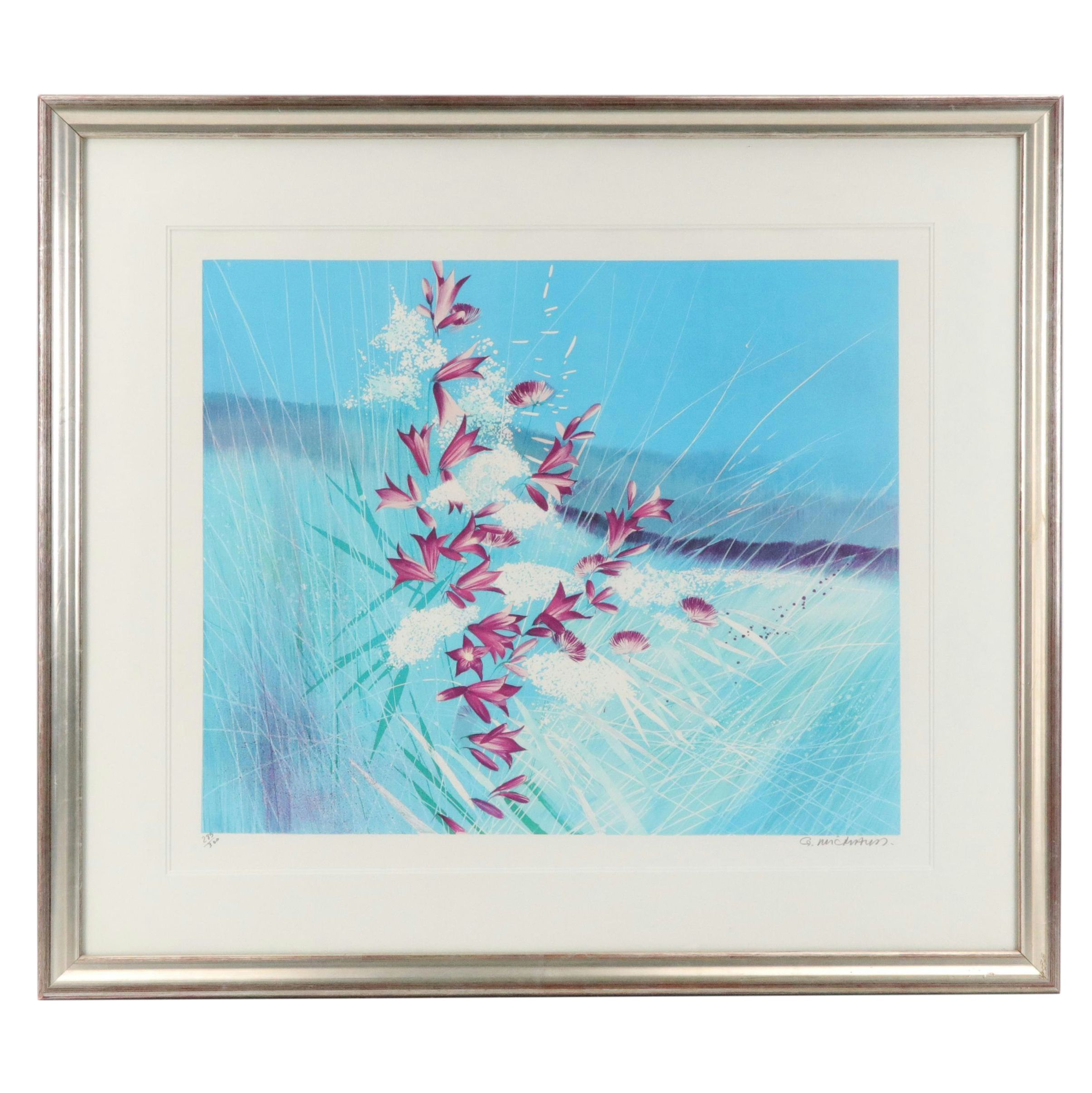 Gilbert Michaud Lithograph with Floral Landscape, Late 20th Century