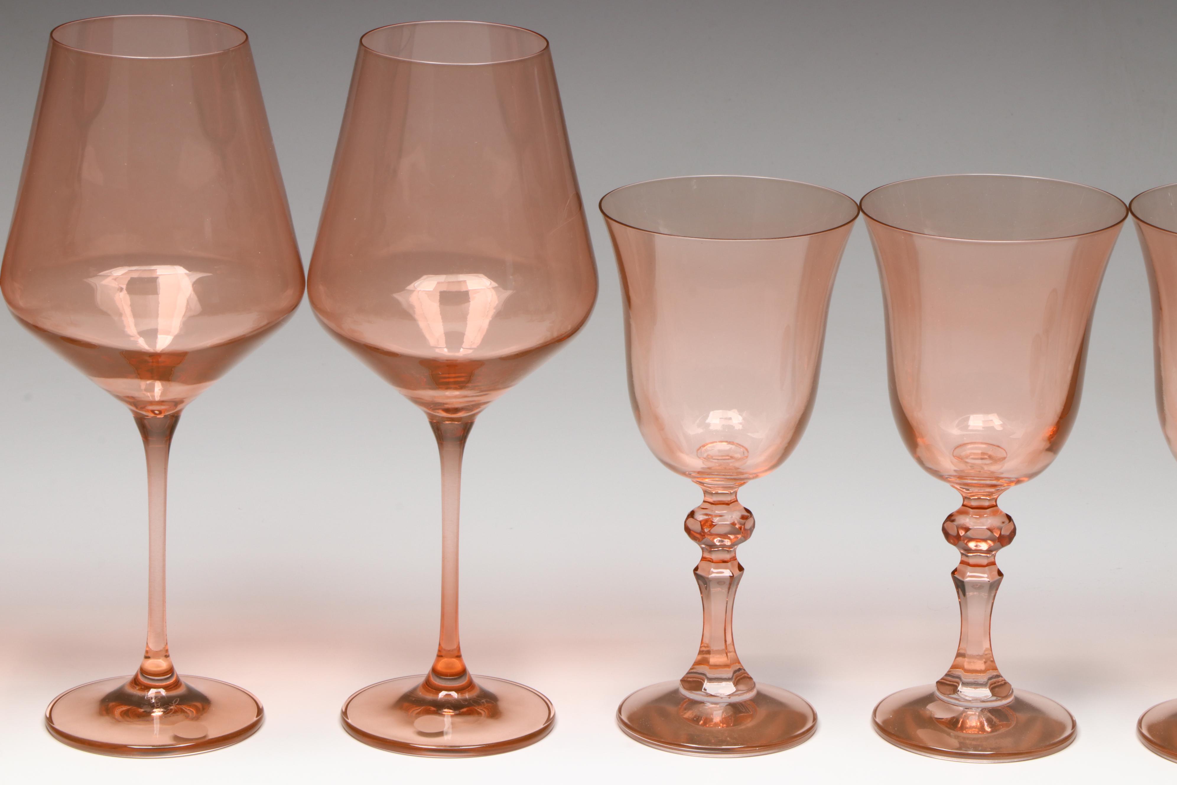 Estelle Peach Colored Polish Crystal Wine Glasses, Two Sets of Six