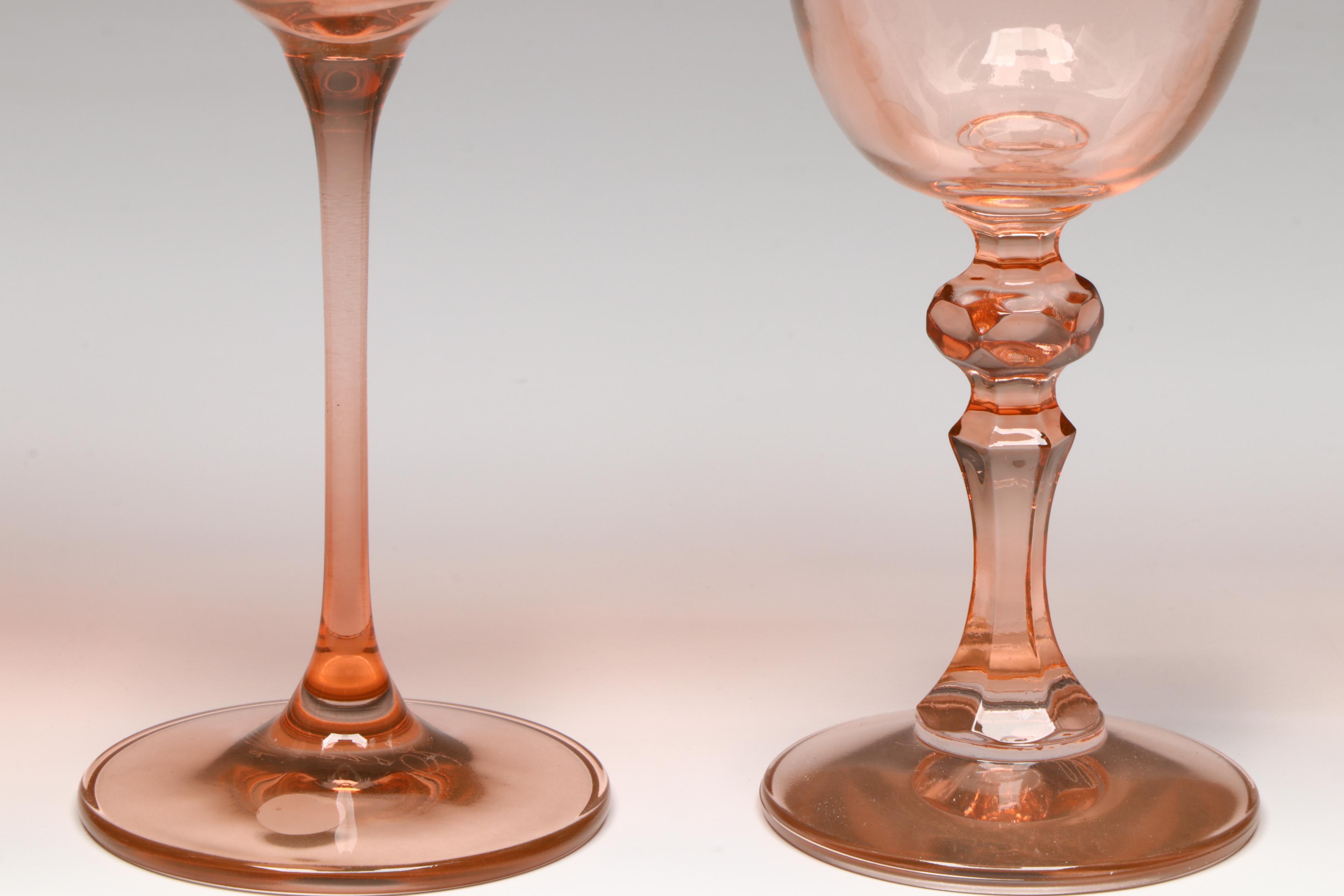 Estelle Peach Colored Polish Crystal Wine Glasses, Two Sets of Six